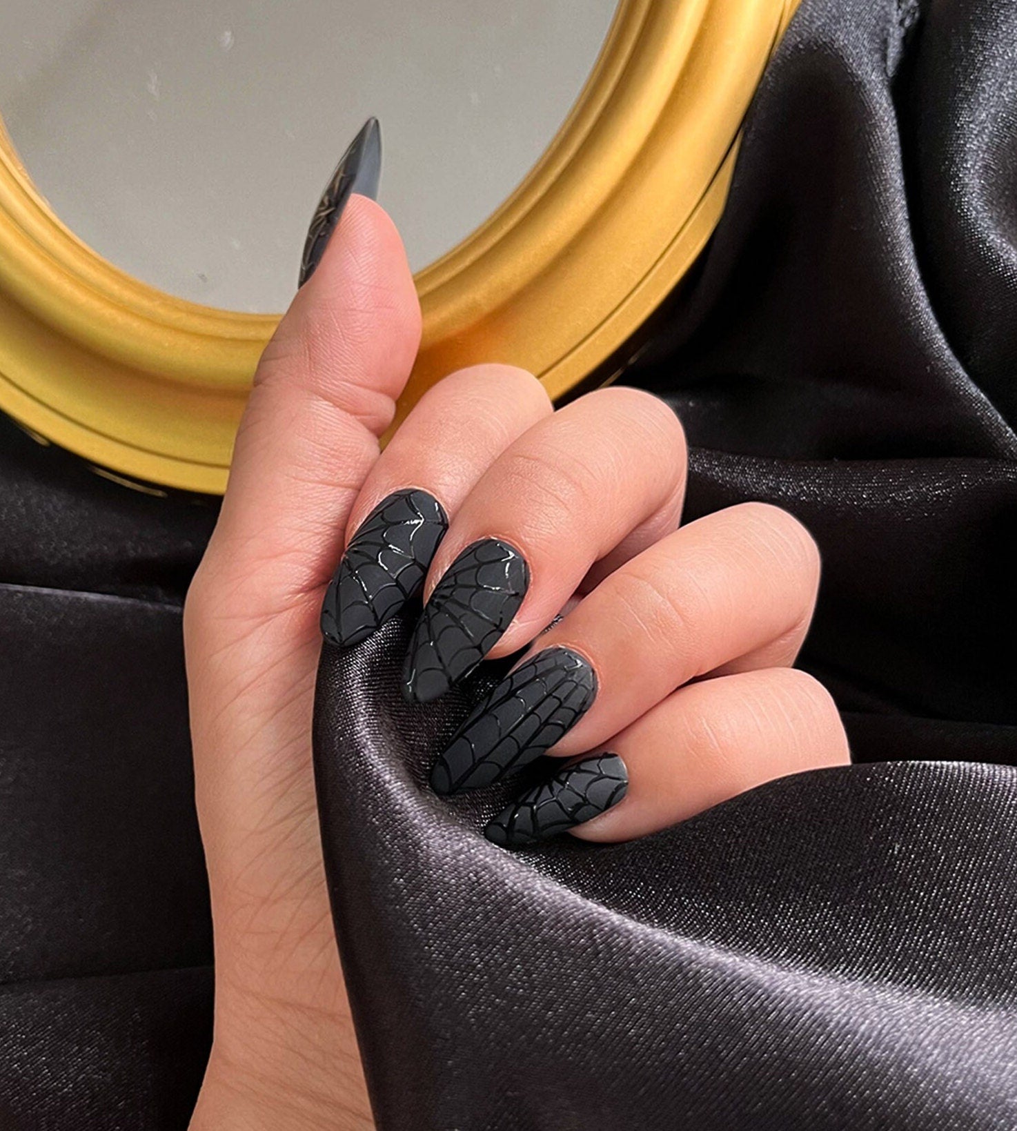 Black Spider Web Press On Nails, Black Halloween Nails, Custom Fake Nails, False Nails, Handpainted Glue on Nails