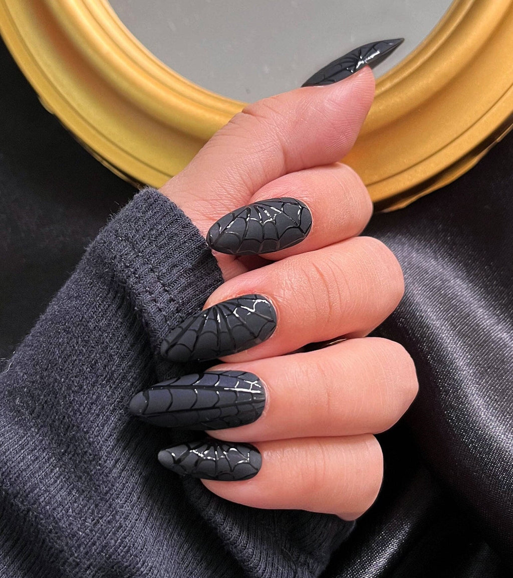 Black Spider Web Press On Nails, Black Halloween Nails, Custom Fake Nails, False Nails, Handpainted Glue on Nails