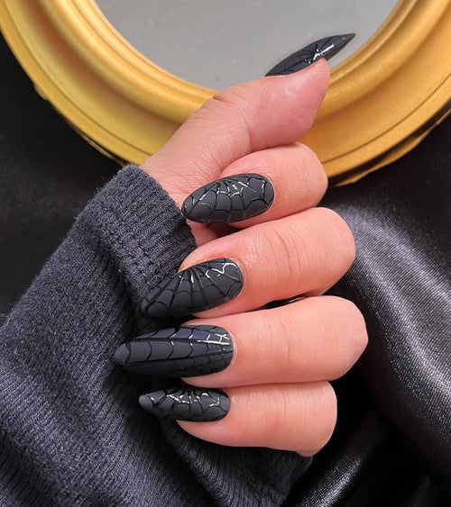 Black Spider Web Press On Nails, Black Halloween Nails, Custom Fake Nails, False Nails, Handpainted Glue on Nails