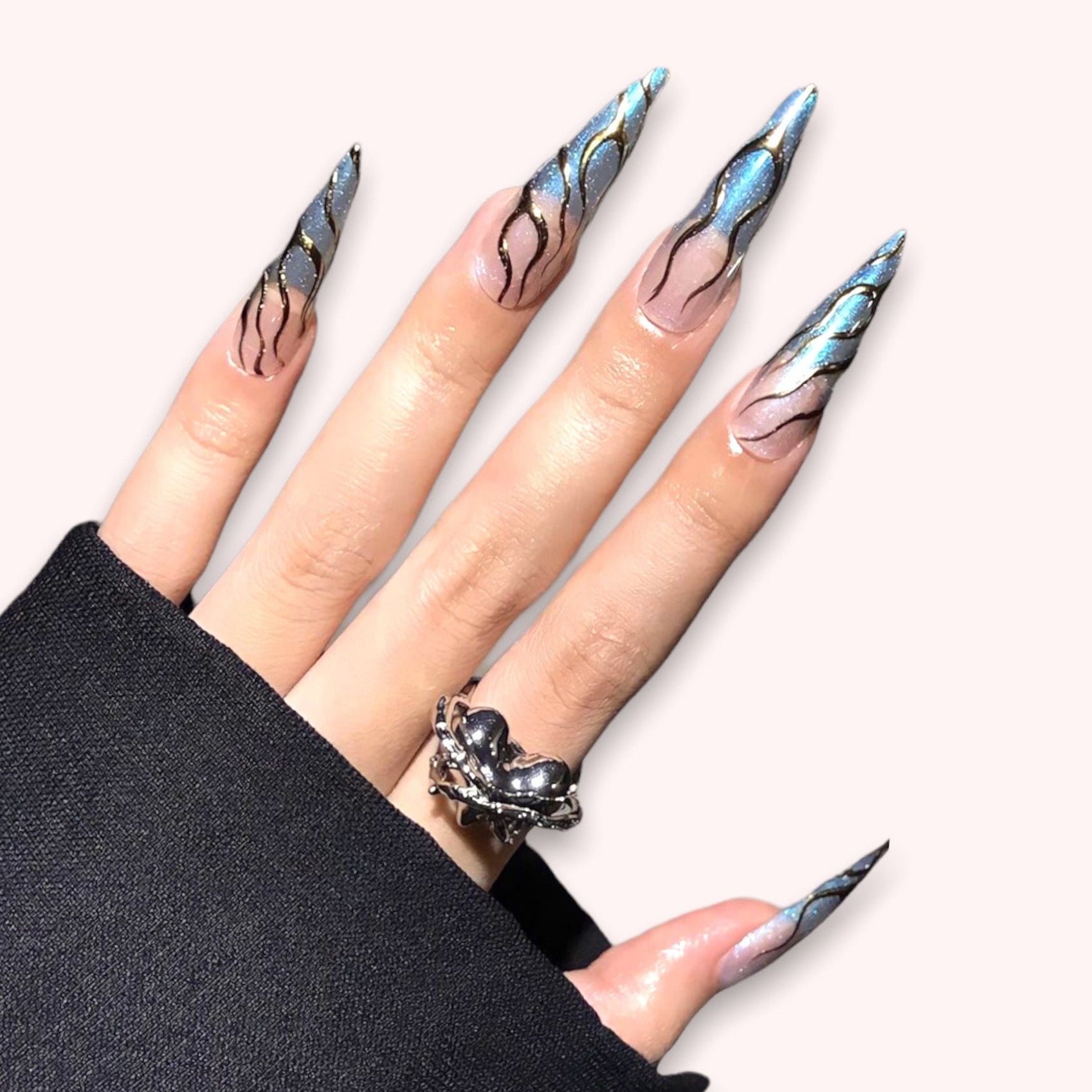 Gothic Press On Nails with Blue Fire & Metallic Gold Accents - Custom Long Stiletto Acrylic Nails Style for Y2K, Emo Fashion