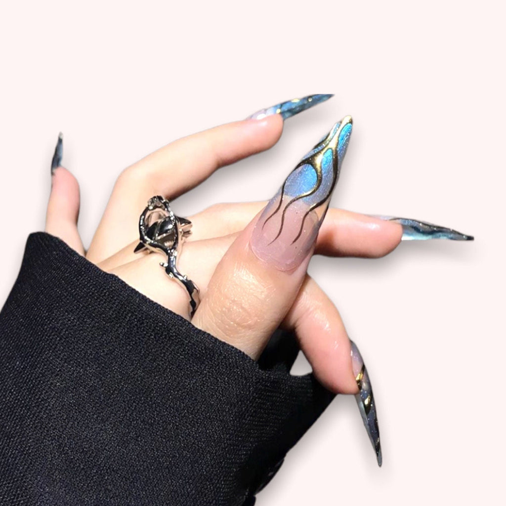 Gothic Press On Nails with Blue Fire & Metallic Gold Accents - Custom Long Stiletto Acrylic Nails Style for Y2K, Emo Fashion