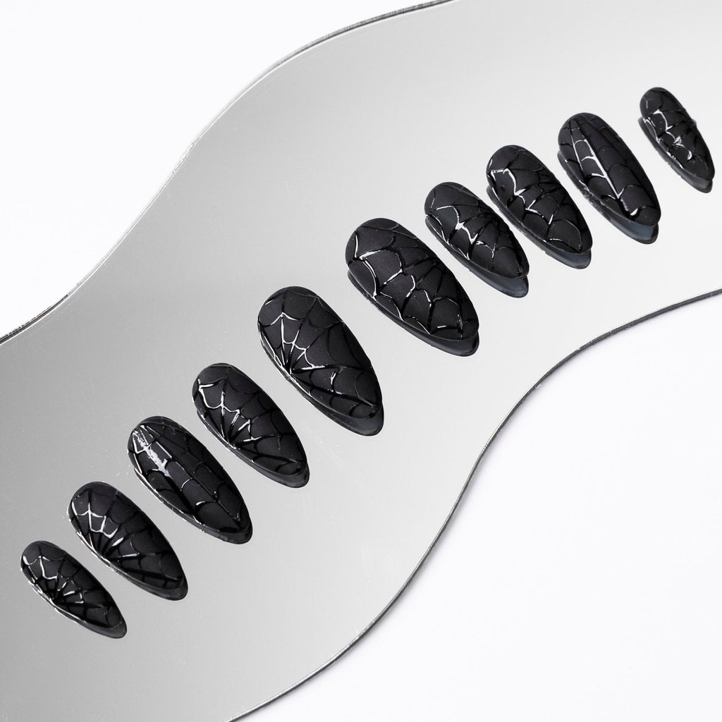 Black Spider Web Press On Nails, Black Halloween Nails, Custom Fake Nails, False Nails, Handpainted Glue on Nails