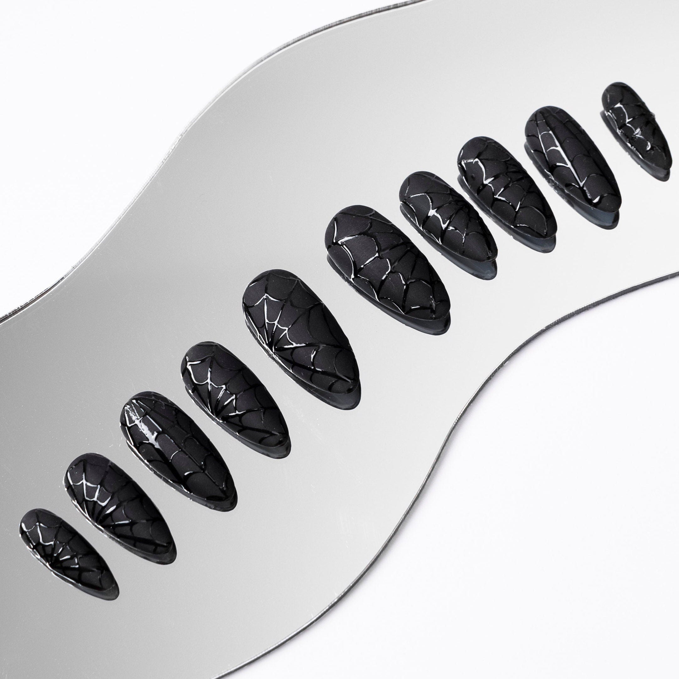 Black Spider Web Press On Nails, Black Halloween Nails, Custom Fake Nails, False Nails, Handpainted Glue on Nails