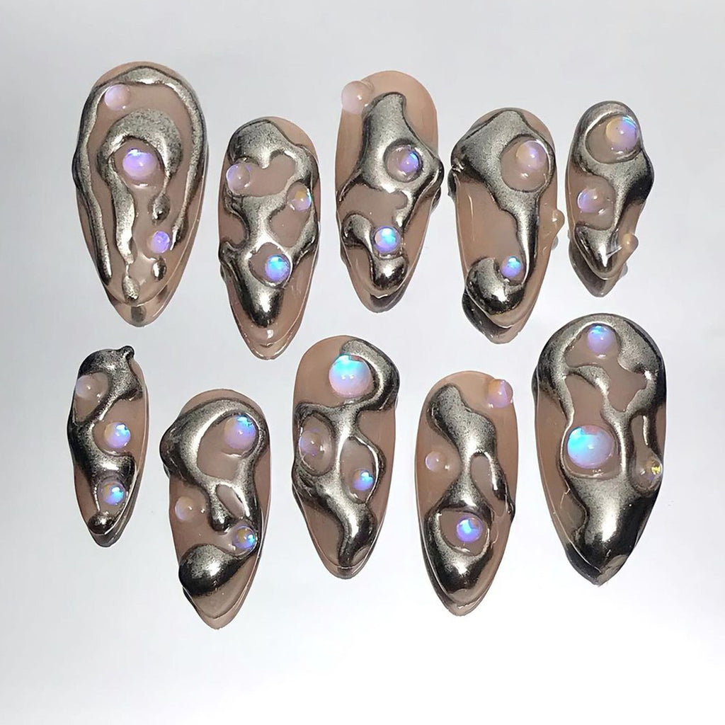 3D Silver Almond Press On Nails, Custom Metallic Fake Nails, False Nails, Trendy Glue on Nails, Luxury Nail Art