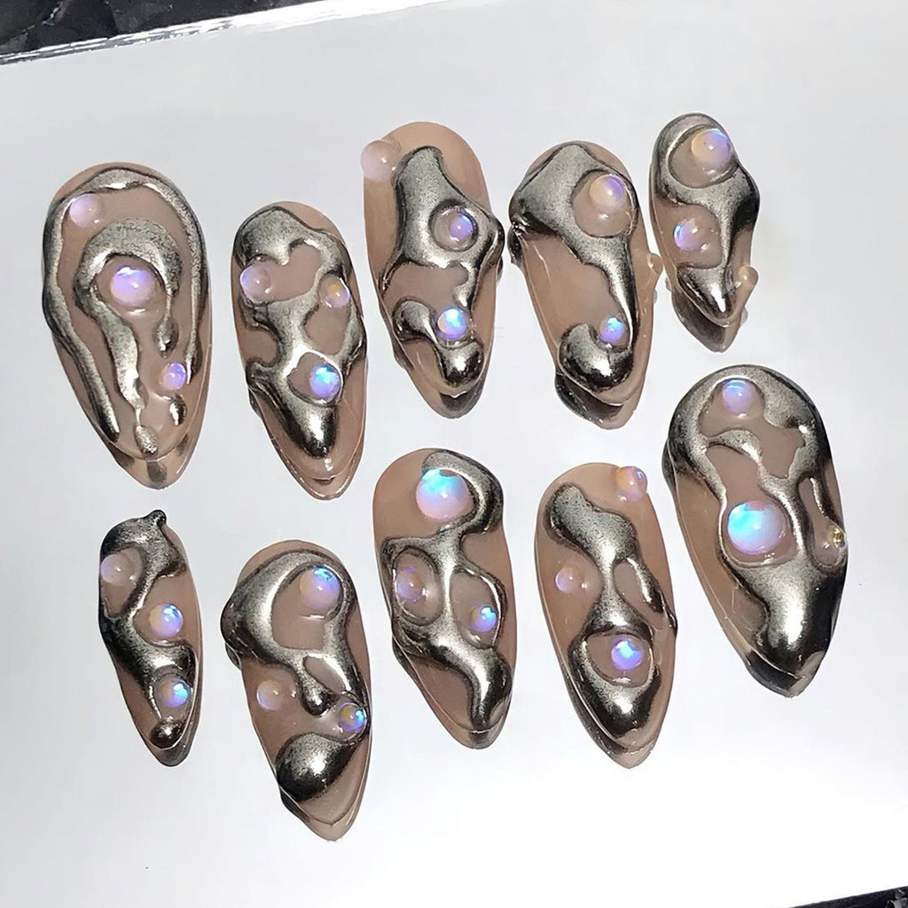 3D Silver Almond Press On Nails, Custom Metallic Fake Nails, False Nails, Trendy Glue on Nails, Luxury Nail Art