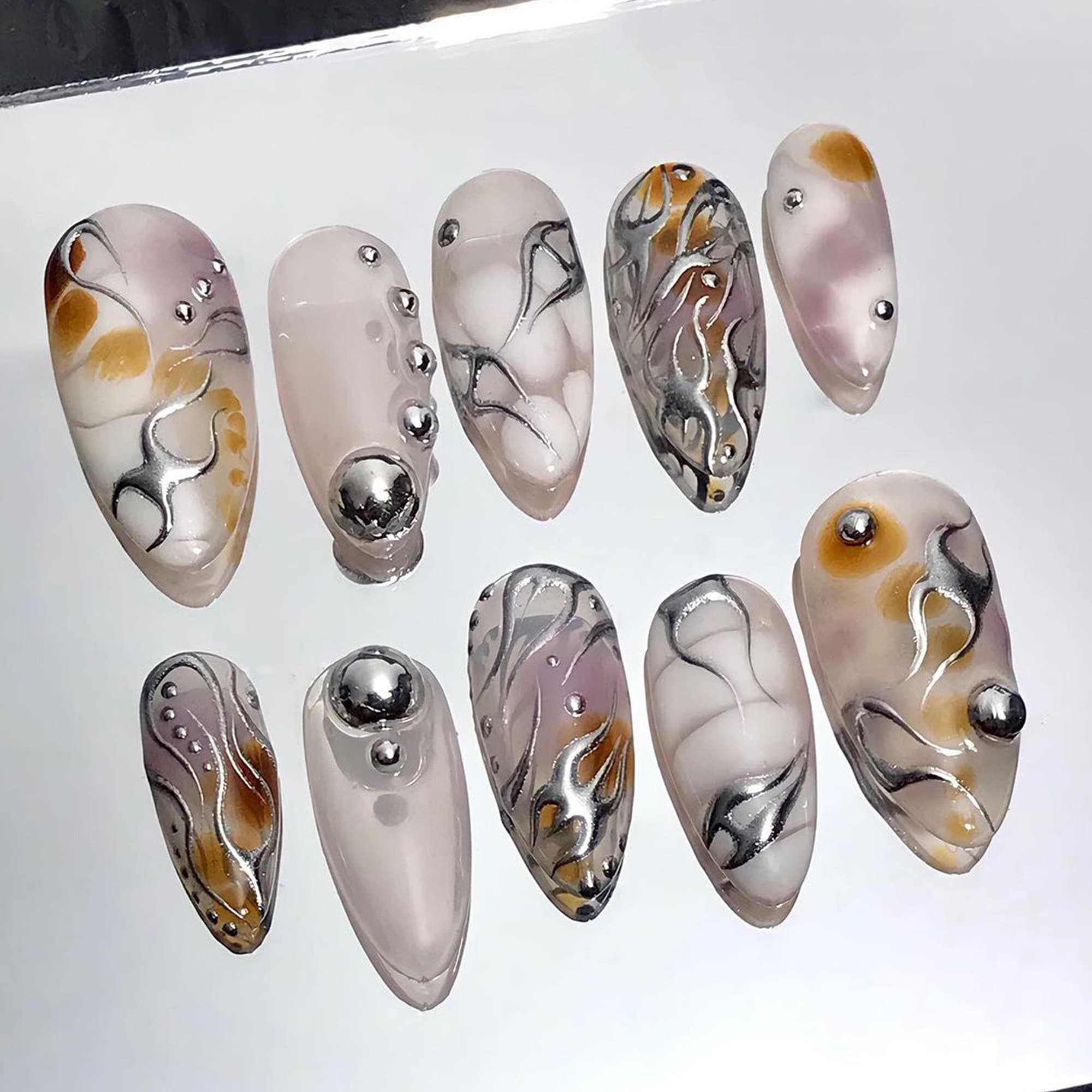 3D Metallic Silver Art Almond Press On Nails Goth, Custom Gothic Fake Nails, Punk Glue On Nails, Emo Y2K Nails