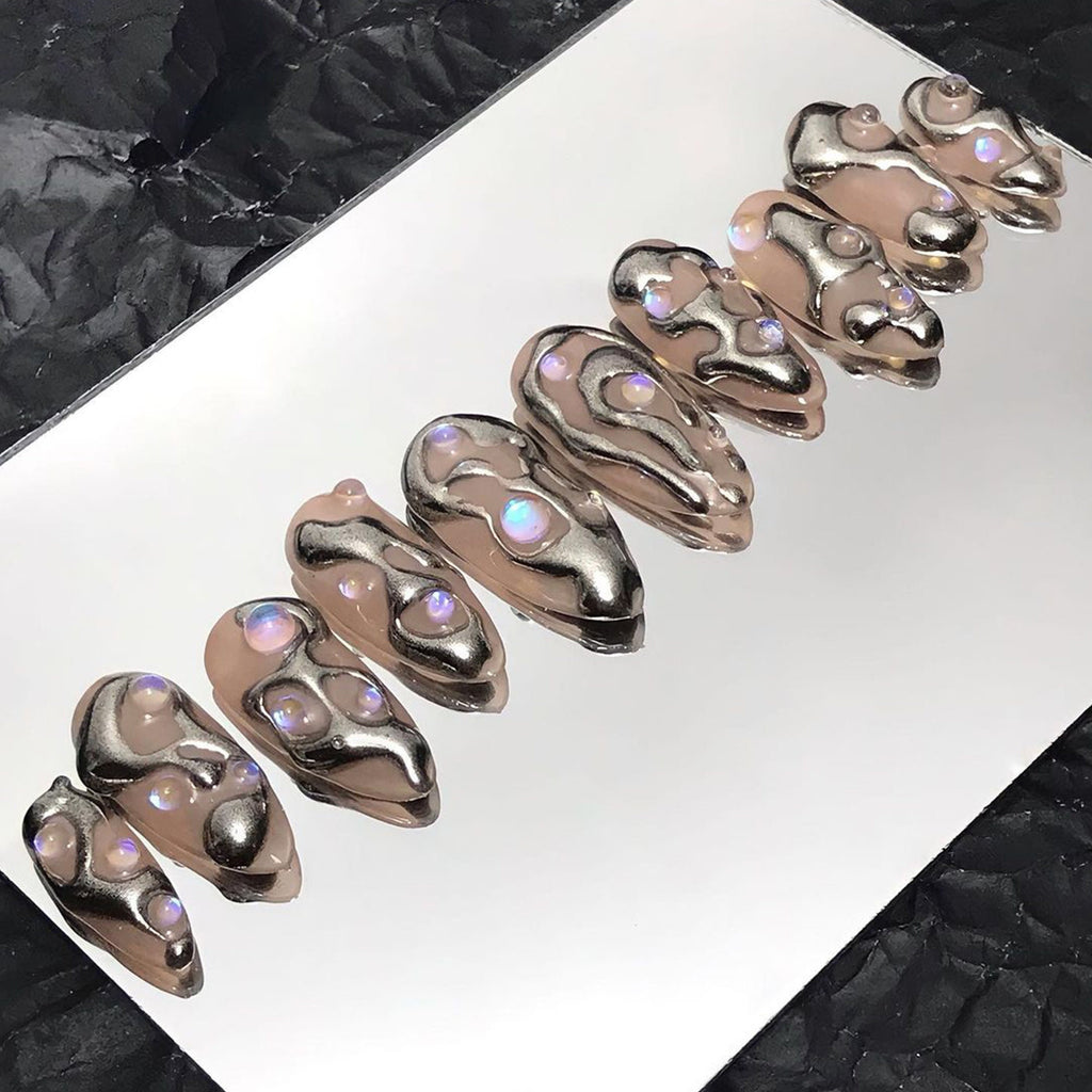 3D Silver Almond Press On Nails, Custom Metallic Fake Nails, False Nails, Trendy Glue on Nails, Luxury Nail Art