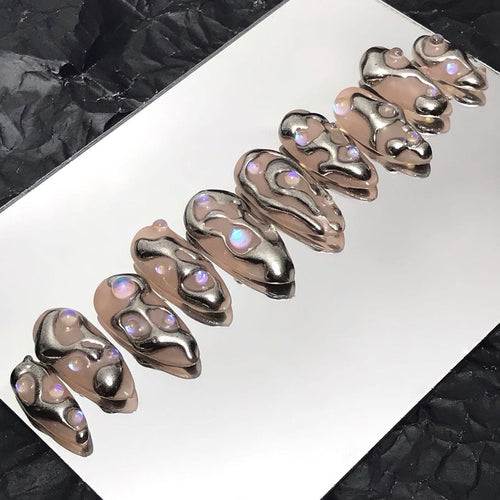 3D Silver Almond Press On Nails, Custom Metallic Fake Nails, False Nails, Trendy Glue on Nails, Luxury Nail Art