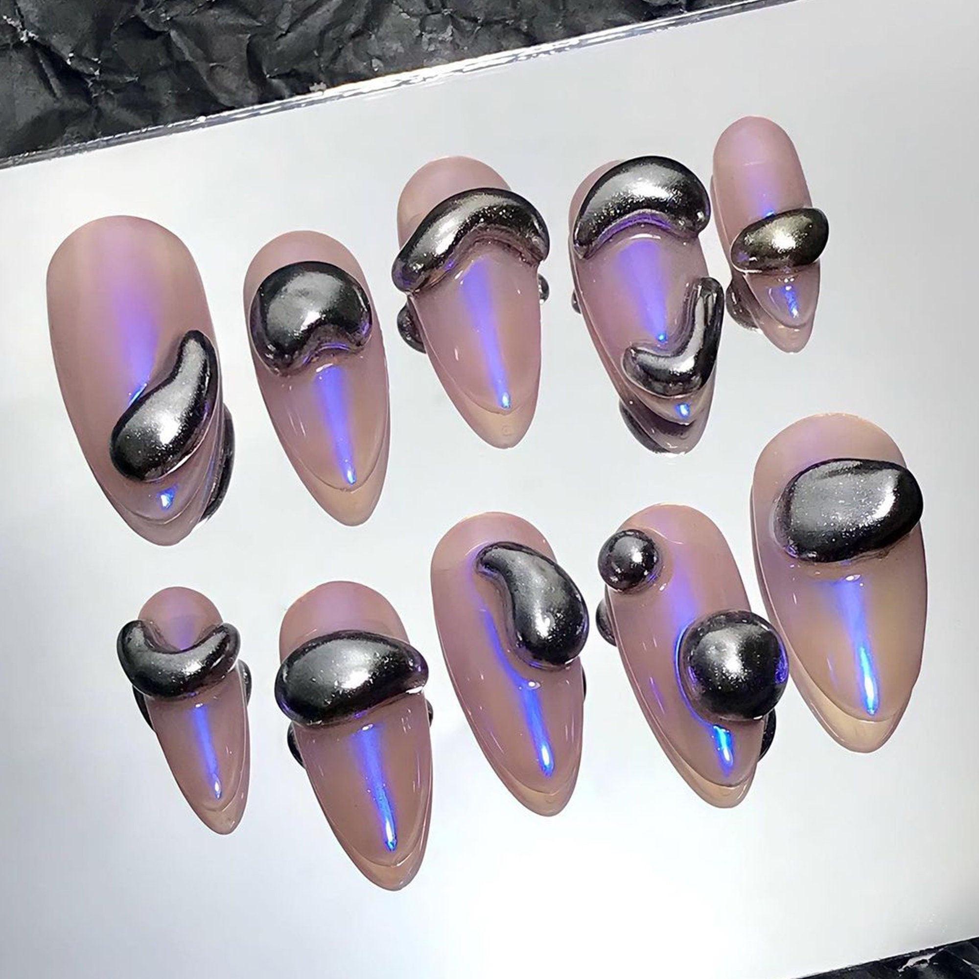 3D Silver Drops in Pink Almond Press On Nails, Custom Fake Nails, False Nails, Trendy Glue on Nails, Luxury Nail Art