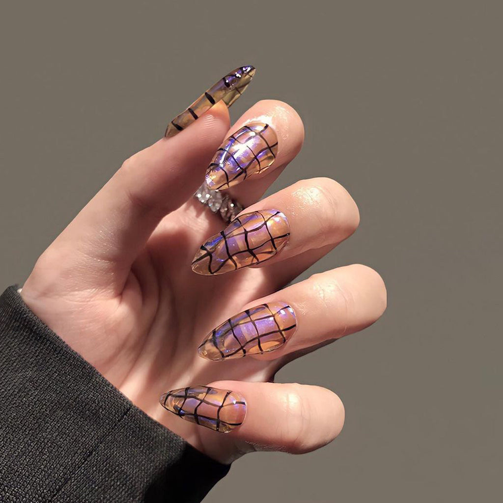 3D Curve Purple Short Almond Press On Nails, Custom Handpainted Acrylic Fake Nails, False Nails, Holiday Nail