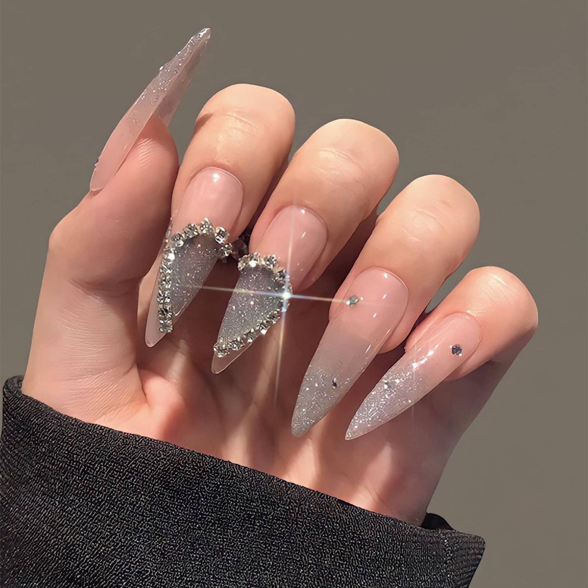 Heart Crystal Glitter Long Stiletto Press On Nails, Custom Fake Nails, False Nails, Luxury Nail Art, Holiday Nail, Valentine Nail