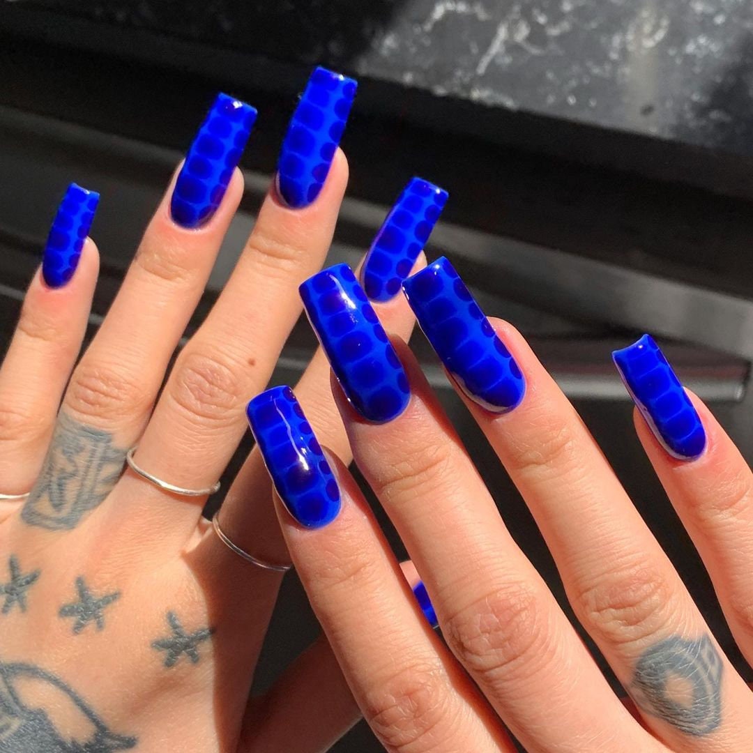 Blue Snake Skin Long Coffin Press On Nails, Custom Fake/False Nails, Gothic/Y2K Nail Tips, Holiday/Event Nail Set, Gift For Her/BFF