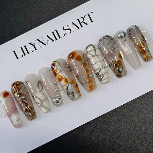 3D Metallic Silver Art Almond Press On Nails Goth, Custom Gothic Fake Nails, Punk Glue On Nails, Emo Y2K Nails