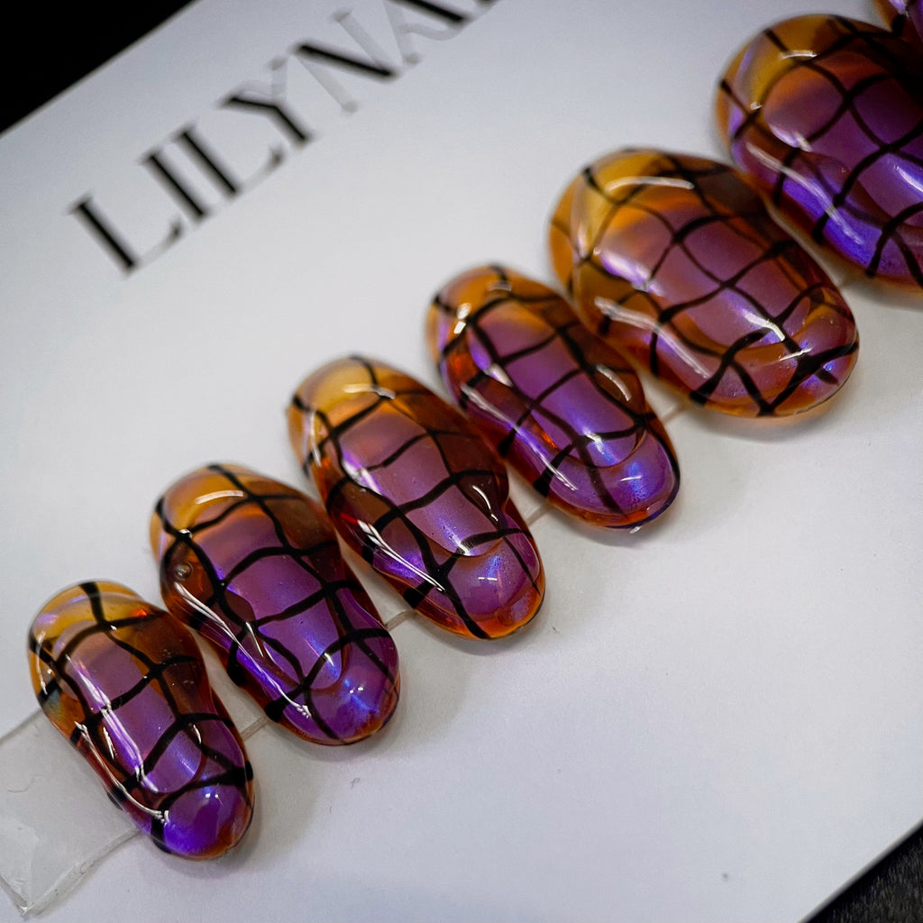 3D Curve Purple Short Almond Press On Nails, Custom Handpainted Acrylic Fake Nails, False Nails, Holiday Nail