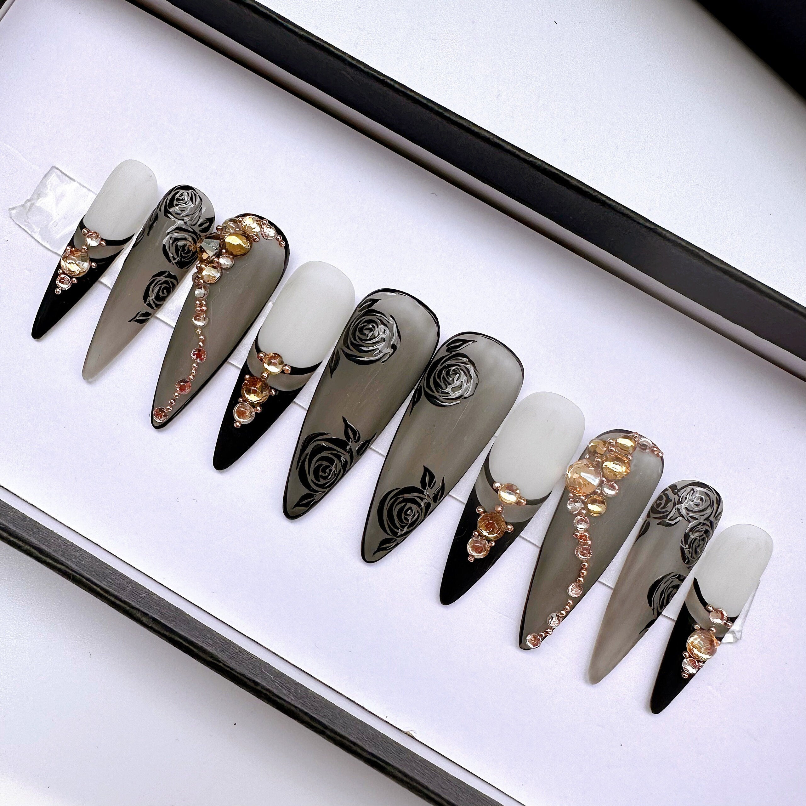 Black French Tip with Luxury Crystal, Black Rose on Black Clear Long Stiletto Press On Nails, Custom Handpainted Fake Nails,Wedding Nails