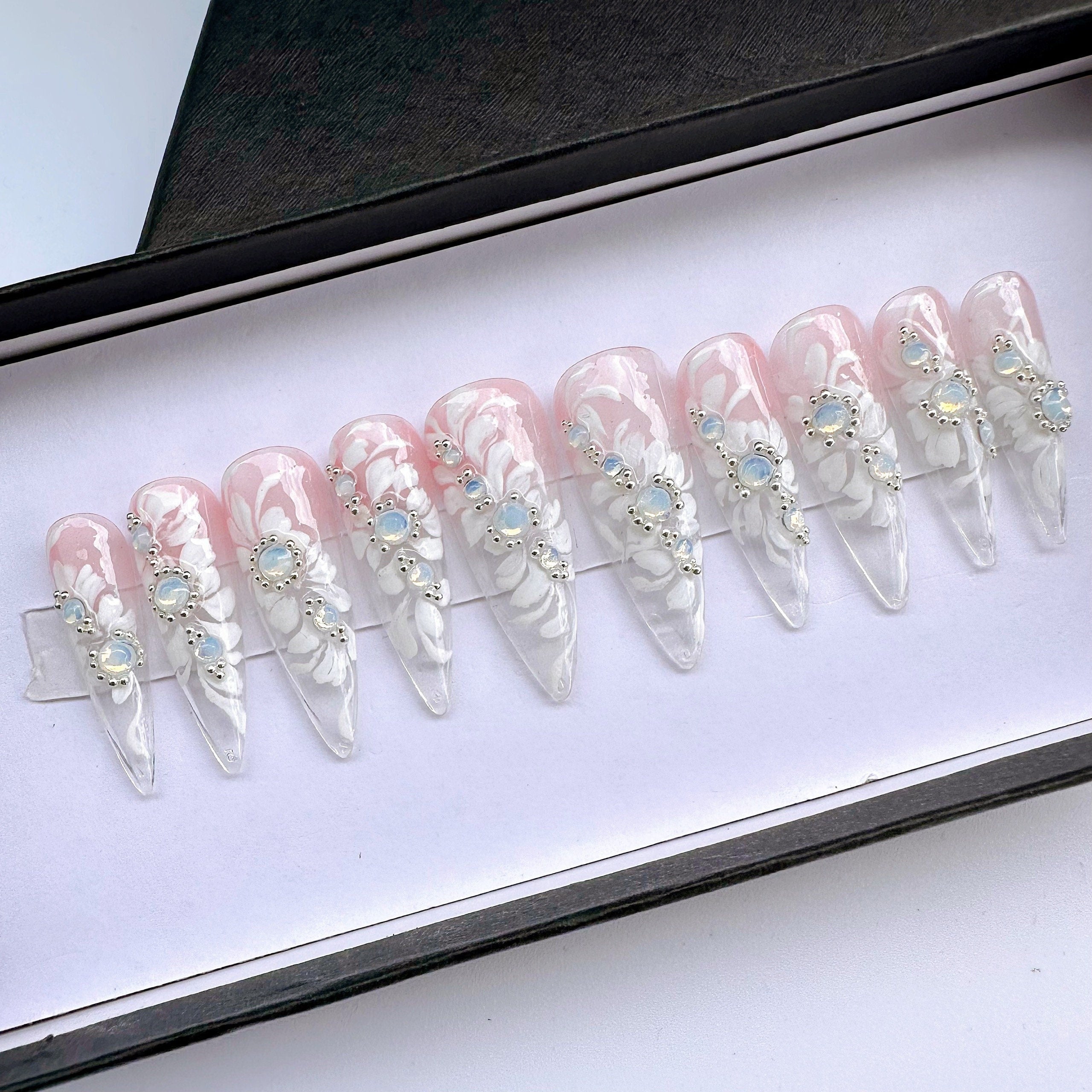 White Floral With Luxury Blue Crystal on Pink Ombre Clear Long Stiletto Press On Nail, Custom Handpainted Luxury Acrylic Fake Nail