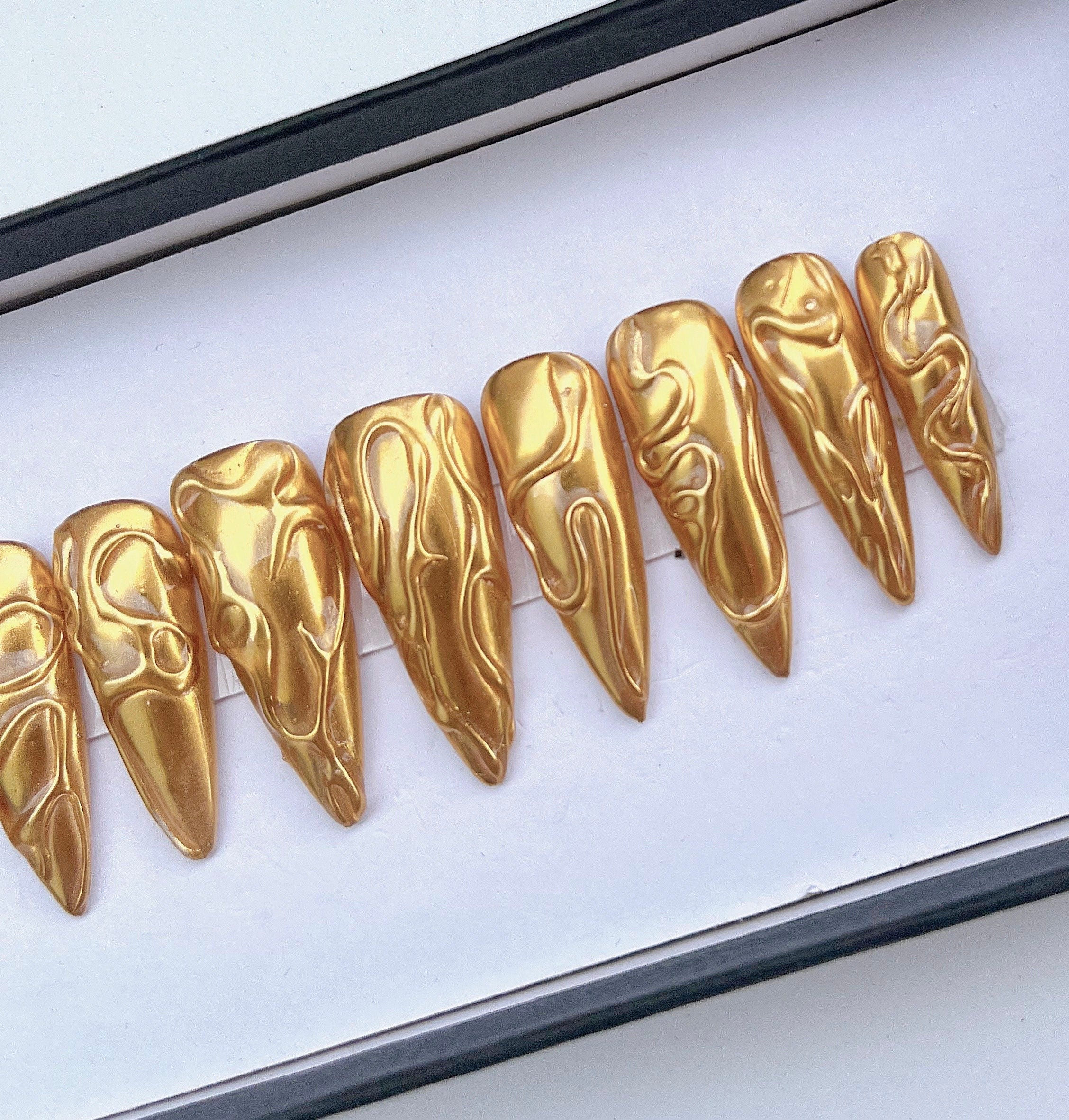 3D Gold Metallic Long Stiletto Press On Nails Goth , Custom Long Coffin Nails , Luxury Nail Art, Handmade Nail, Reusable Fake Nails
