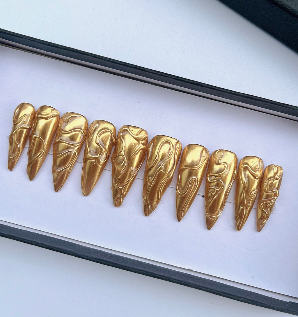 3D Gold Metallic Long Stiletto Press On Nails Goth , Custom Long Coffin Nails , Luxury Nail Art, Handmade Nail, Reusable Fake Nails