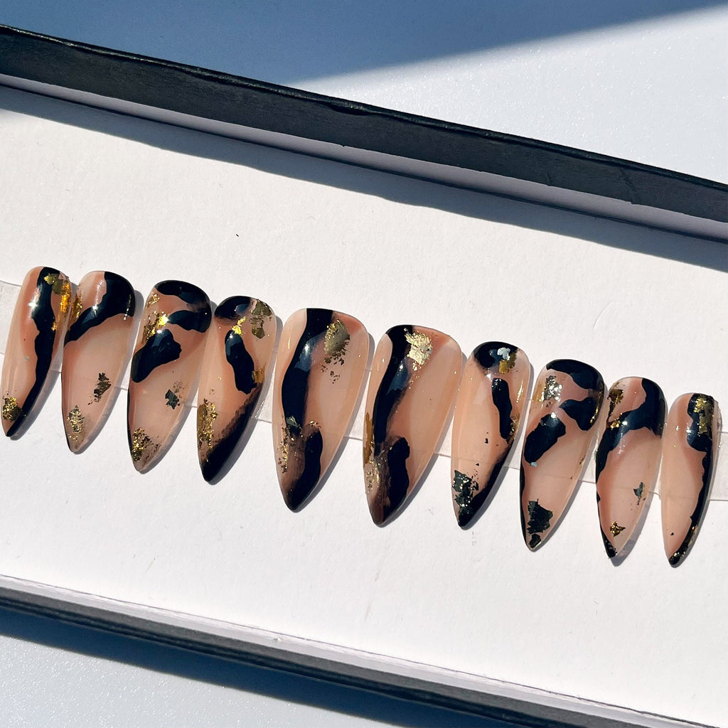 Gold With Amber Effect Long Stiletto Press On Nails, Luxury False Nails, Glue On Nails, Acrylic Nails, Stiletto Nails, Fake Nails