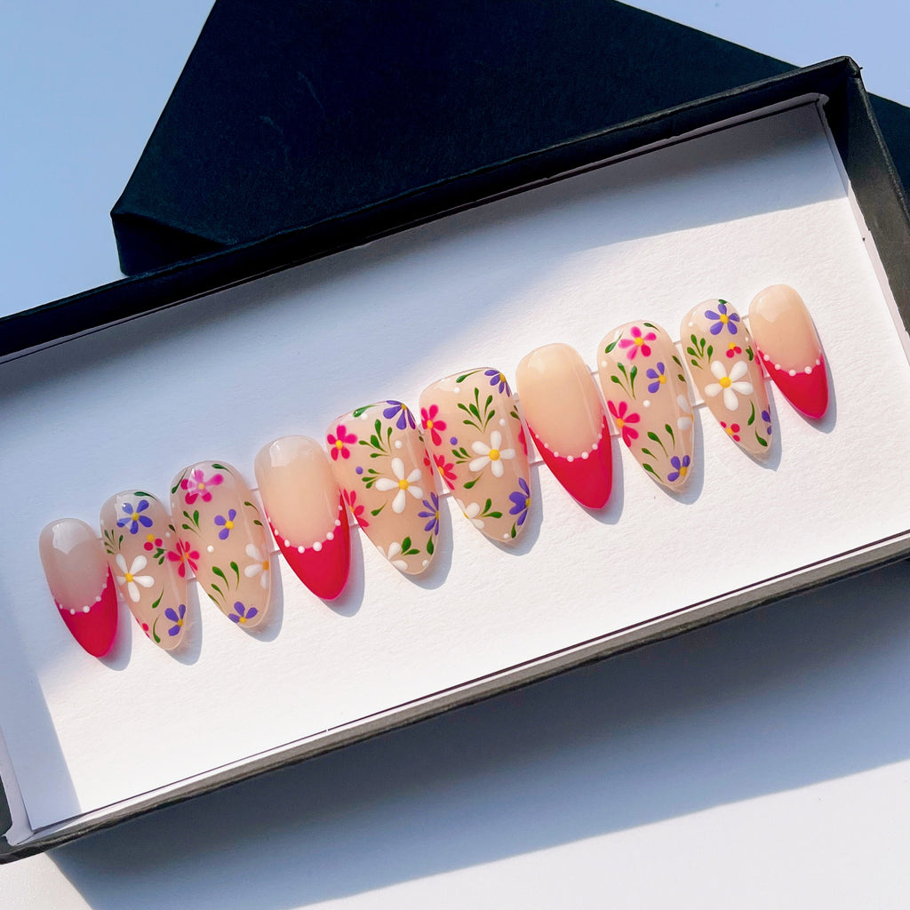 Small Flower on Clear Pink French Tip Short Stiletto Press On Nail, Custom Handpainted Acrylic Spring Fake Nail, Floral Nails