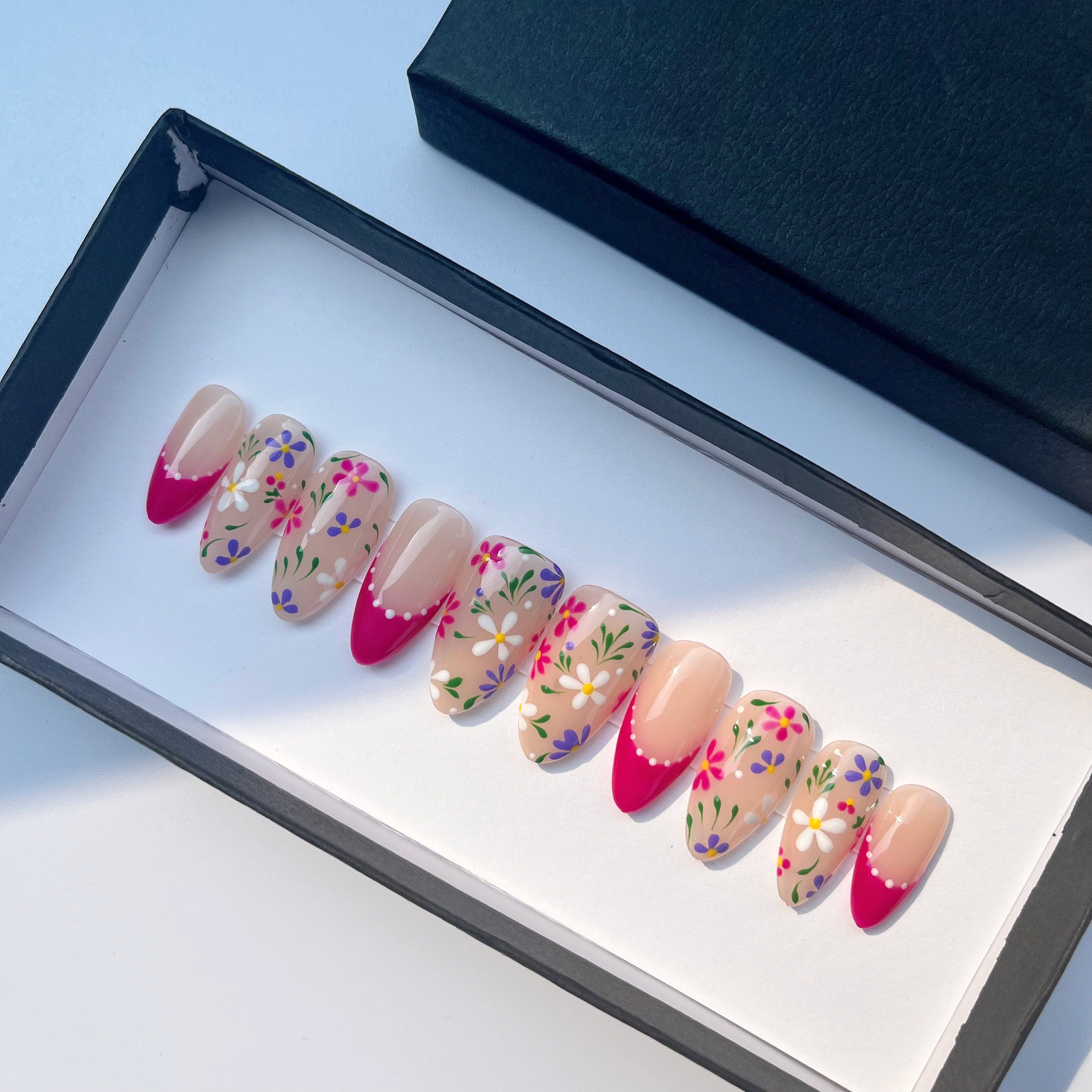 Small Flower on Clear Pink French Tip Short Stiletto Press On Nail, Custom Handpainted Acrylic Spring Fake Nail, Floral Nails