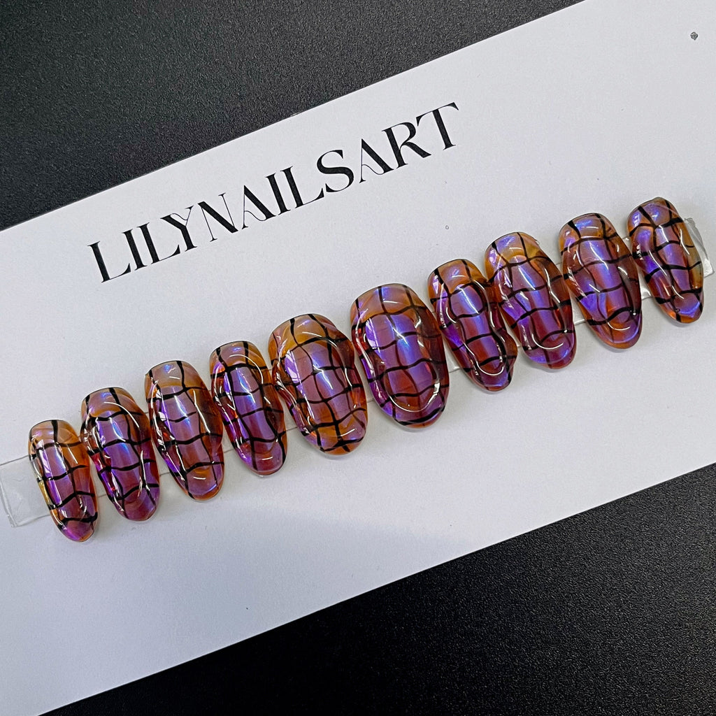 3D Curve Purple Short Almond Press On Nails, Custom Handpainted Acrylic Fake Nails, False Nails, Holiday Nail