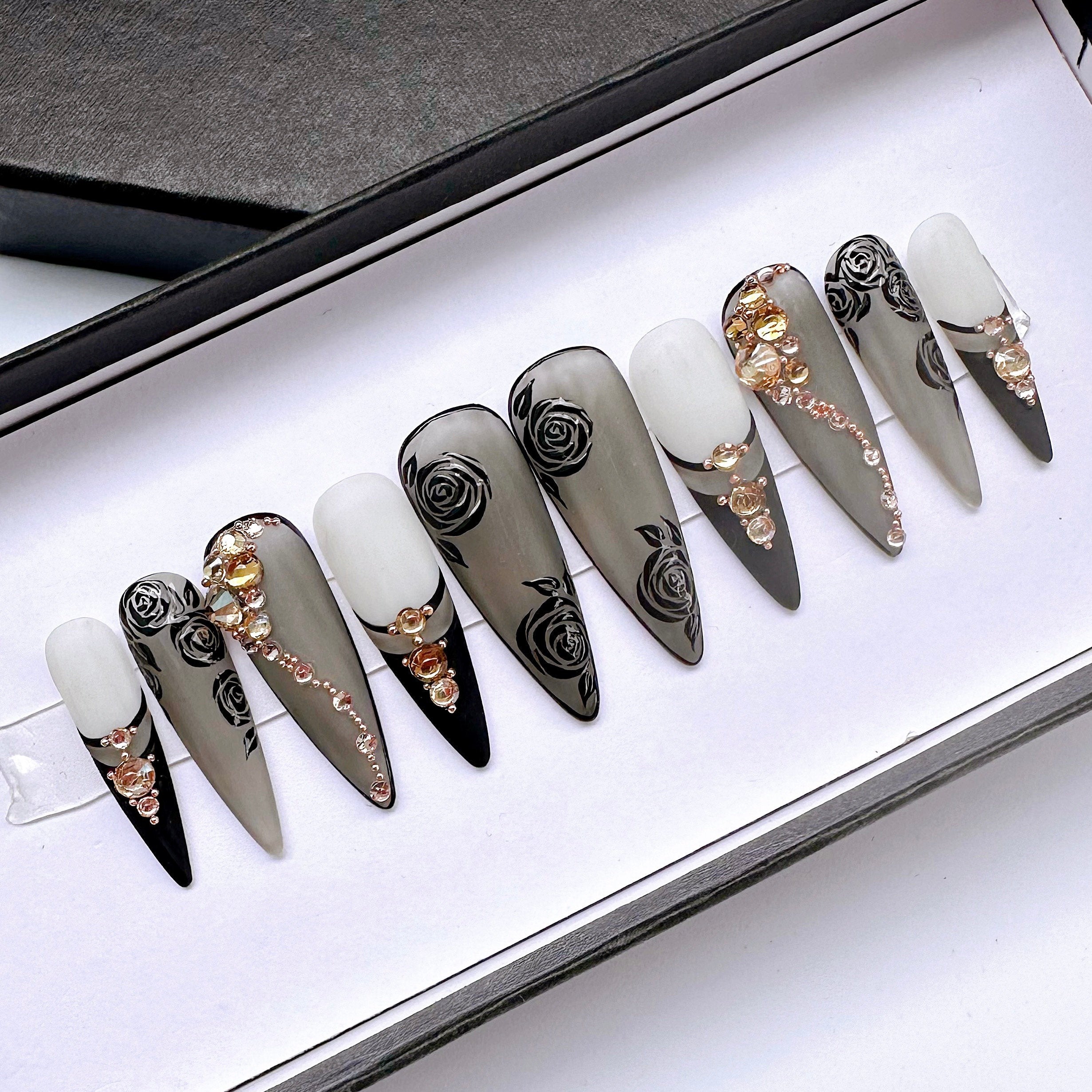 Black French Tip with Luxury Crystal, Black Rose on Black Clear Long Stiletto Press On Nails, Custom Handpainted Fake Nails,Wedding Nails