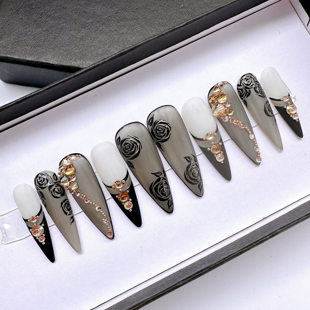 Black French Tip with Luxury Crystal, Black Rose on Black Clear Long Stiletto Press On Nails, Custom Handpainted Fake Nails,Wedding Nails