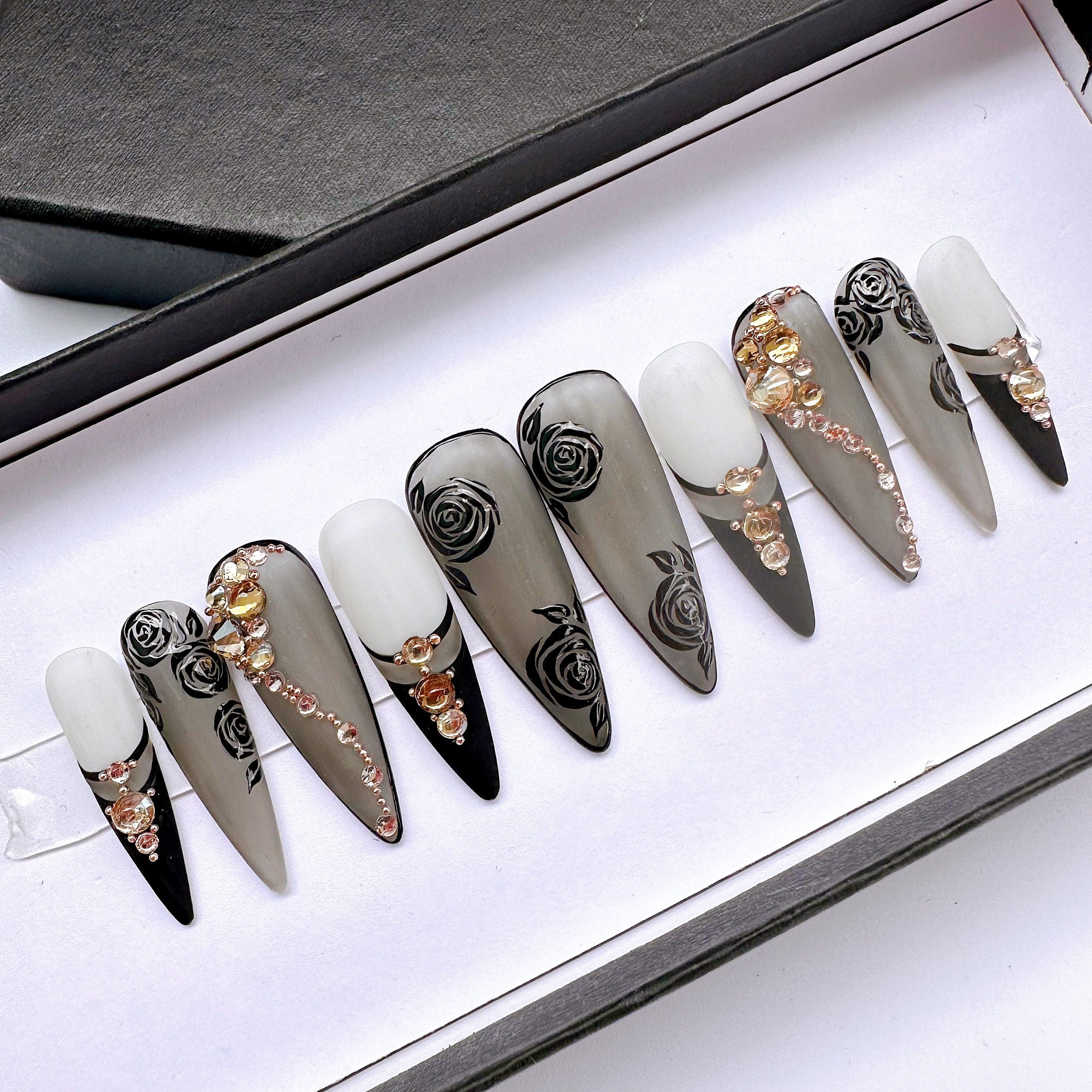 Black French Tip with Luxury Crystal, Black Rose on Black Clear Long Stiletto Press On Nails, Custom Handpainted Fake Nails,Wedding Nails