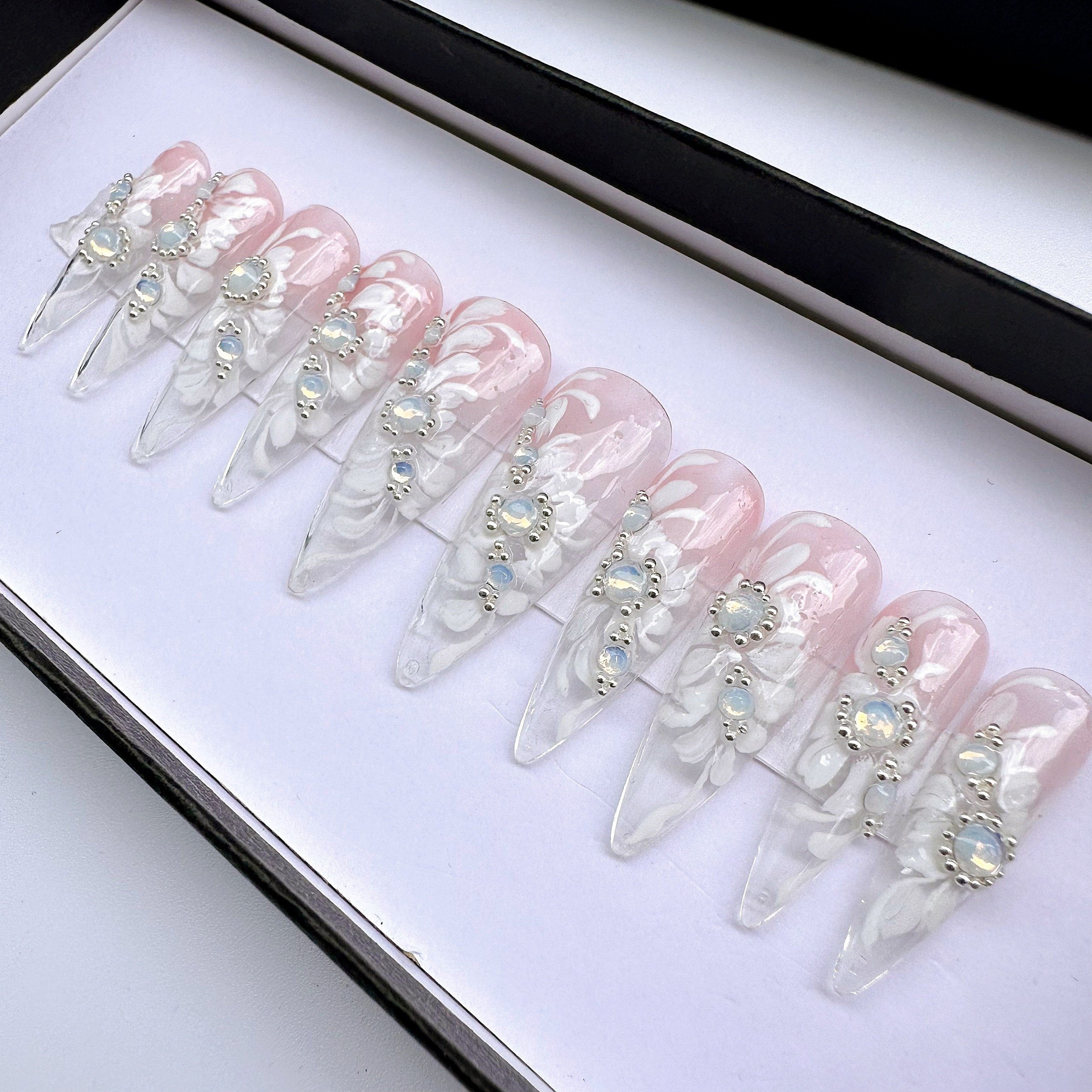 White Floral With Luxury Blue Crystal on Pink Ombre Clear Long Stiletto Press On Nail, Custom Handpainted Luxury Acrylic Fake Nail