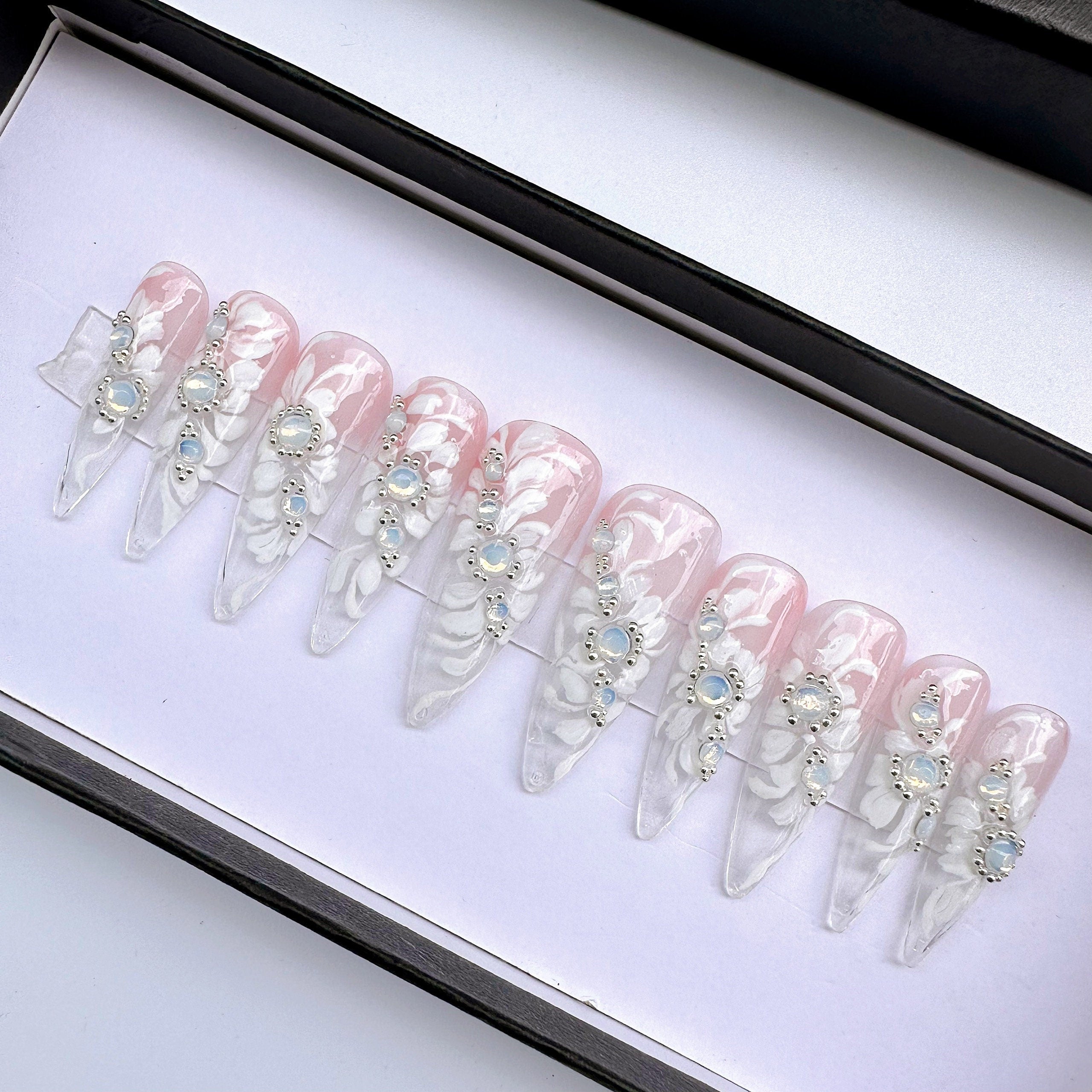 White Floral With Luxury Blue Crystal on Pink Ombre Clear Long Stiletto Press On Nail, Custom Handpainted Luxury Acrylic Fake Nail