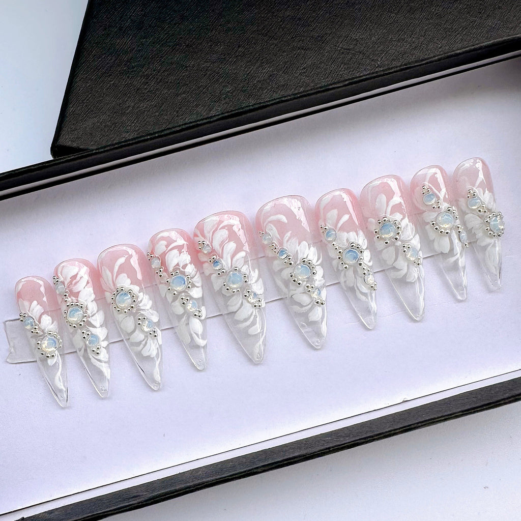 White Floral With Luxury Blue Crystal on Pink Ombre Clear Long Stiletto Press On Nail, Custom Handpainted Luxury Acrylic Fake Nail