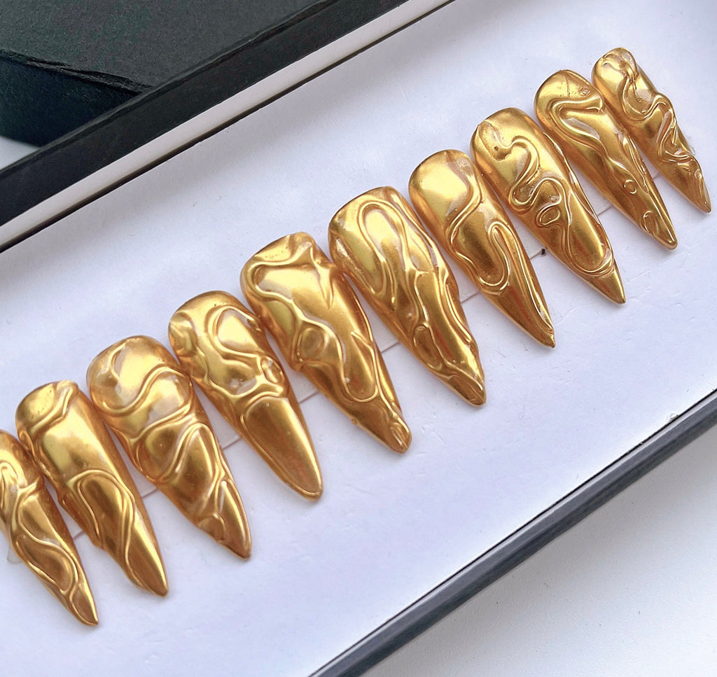 3D Gold Metallic Long Stiletto Press On Nails Goth , Custom Long Coffin Nails , Luxury Nail Art, Handmade Nail, Reusable Fake Nails