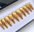 3D Gold Metallic Long Stiletto Press On Nails Goth , Custom Long Coffin Nails , Luxury Nail Art, Handmade Nail, Reusable Fake Nails