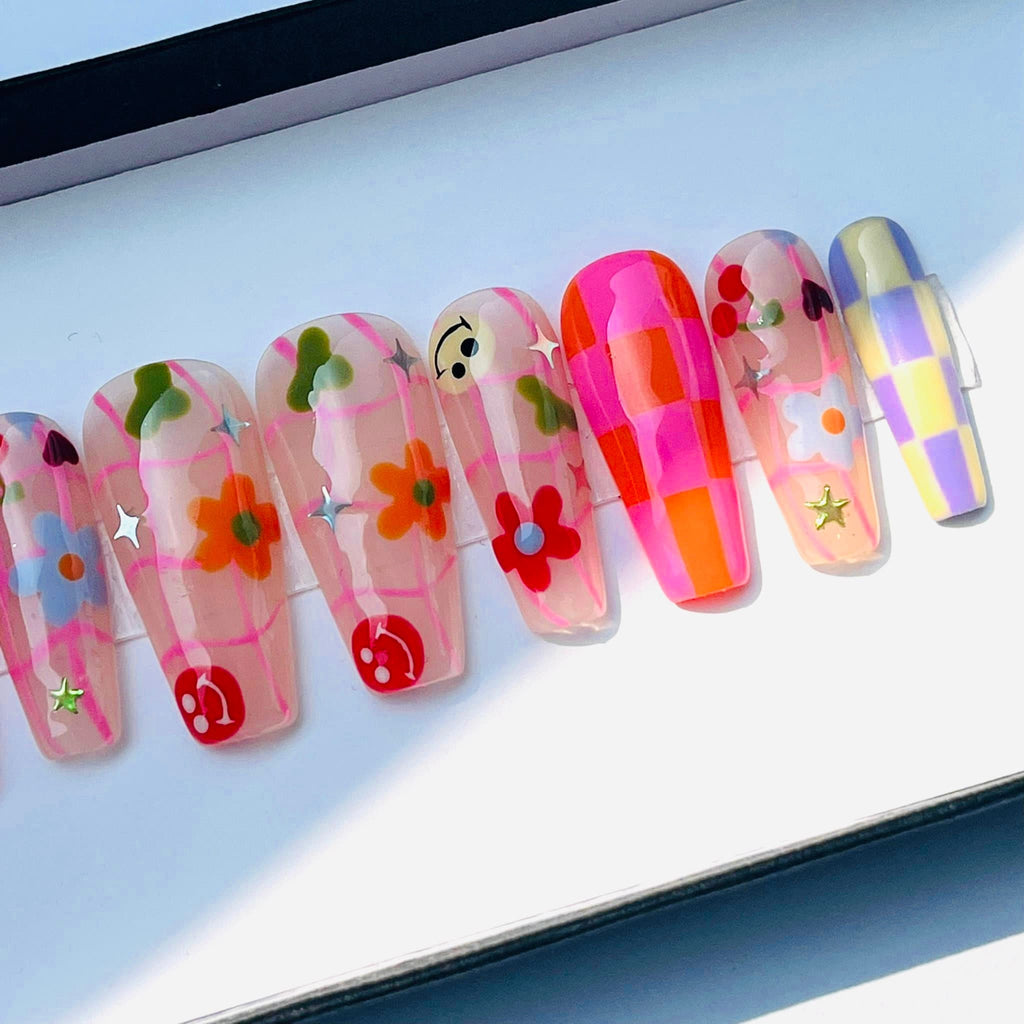 Colorful Checkered and Flower, Funface On Almond Press On Nail, Custom Handpainted Fake/False Nail, Floral Nails, Spring Nails