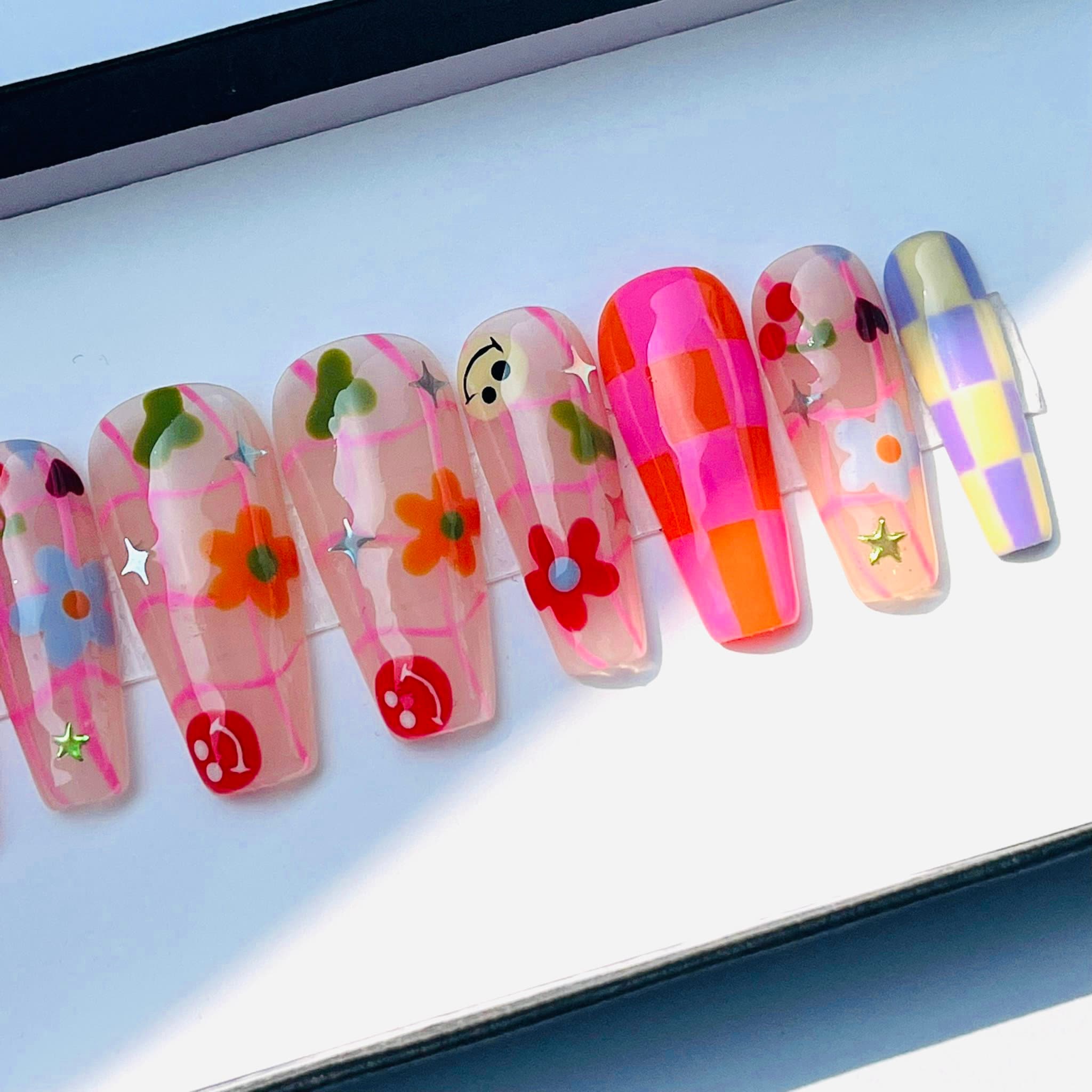 Colorful Checkered and Flower, Funface On Almond Press On Nail, Custom Handpainted Fake/False Nail, Floral Nails, Spring Nails