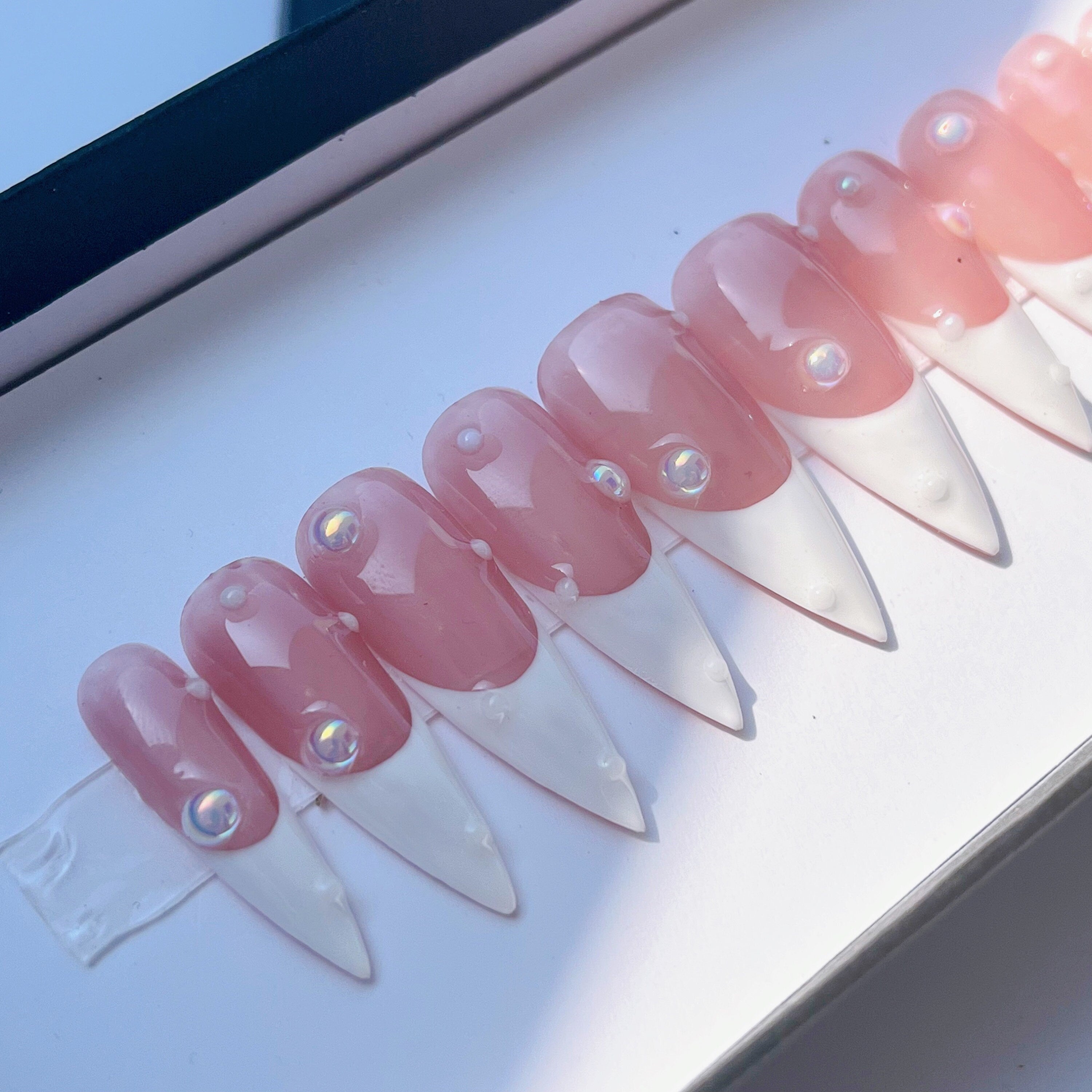 White French Tips Long Stiletto Press On Nail, Luxury Acrylic Nude Fake Nails, Handpainted Birthday Party Nails