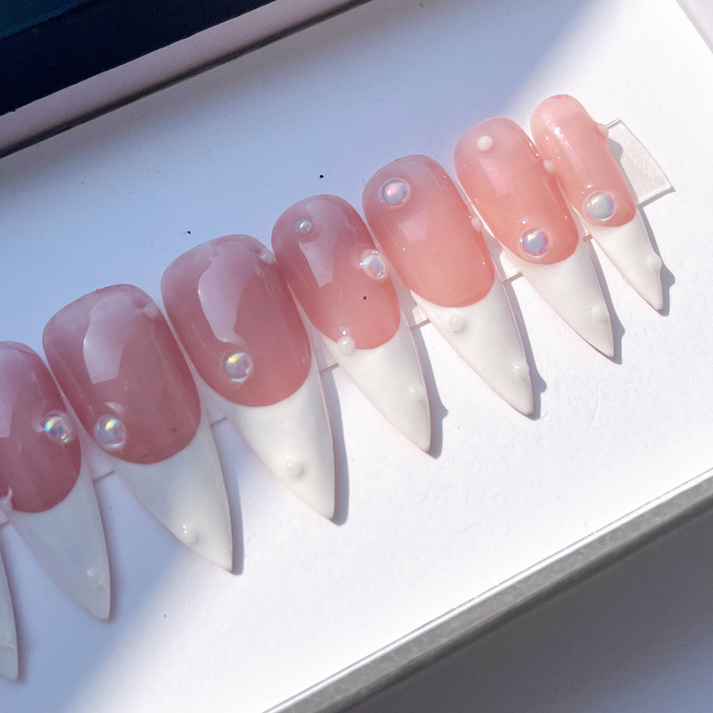White French Tips Long Stiletto Press On Nail, Luxury Acrylic Nude Fake Nails, Handpainted Birthday Party Nails