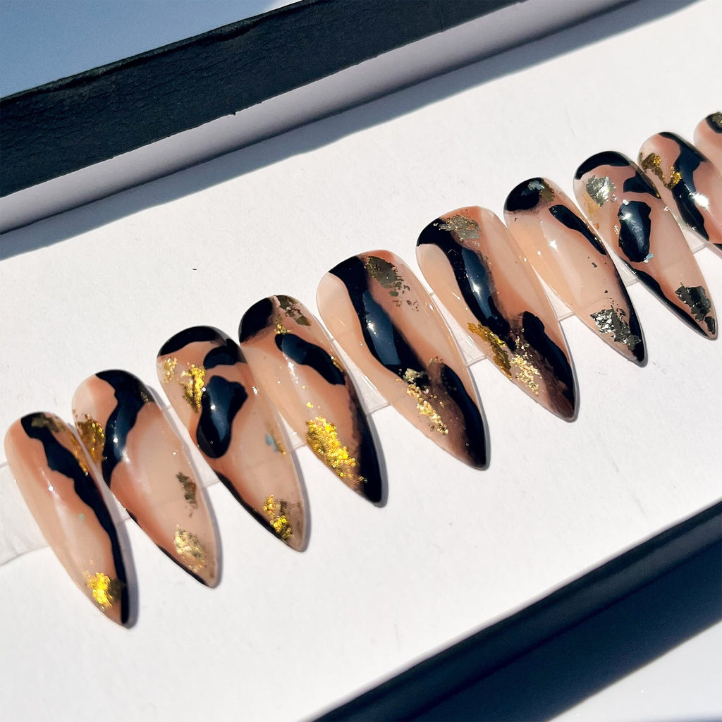 Gold With Amber Effect Long Stiletto Press On Nails, Luxury False Nails, Glue On Nails, Acrylic Nails, Stiletto Nails, Fake Nails