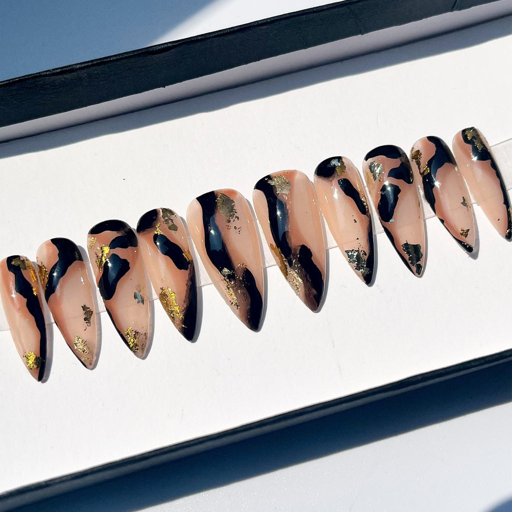 Gold With Amber Effect Long Stiletto Press On Nails, Luxury False Nails, Glue On Nails, Acrylic Nails, Stiletto Nails, Fake Nails