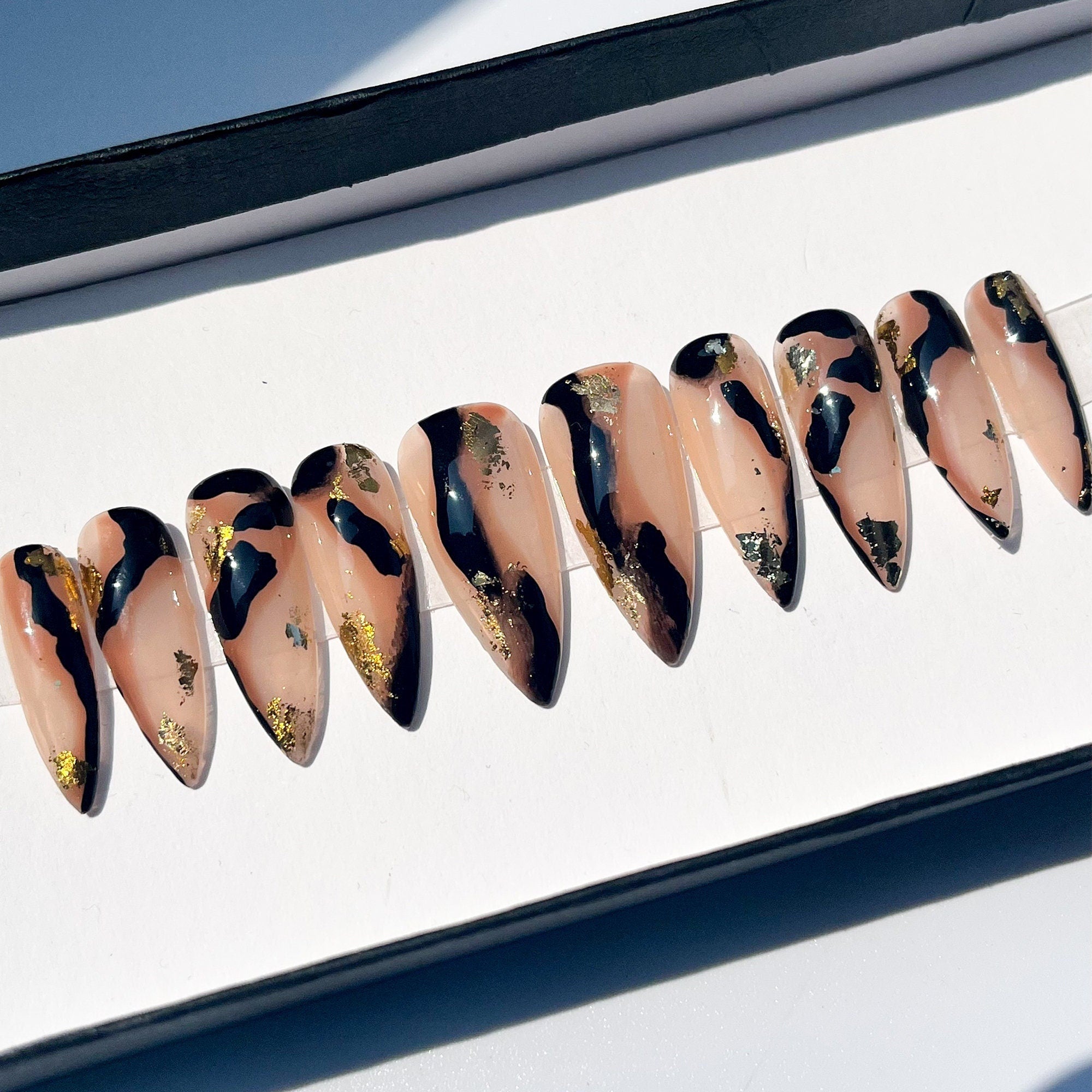 Gold With Amber Effect Long Stiletto Press On Nails, Luxury False Nails, Glue On Nails, Acrylic Nails, Stiletto Nails, Fake Nails