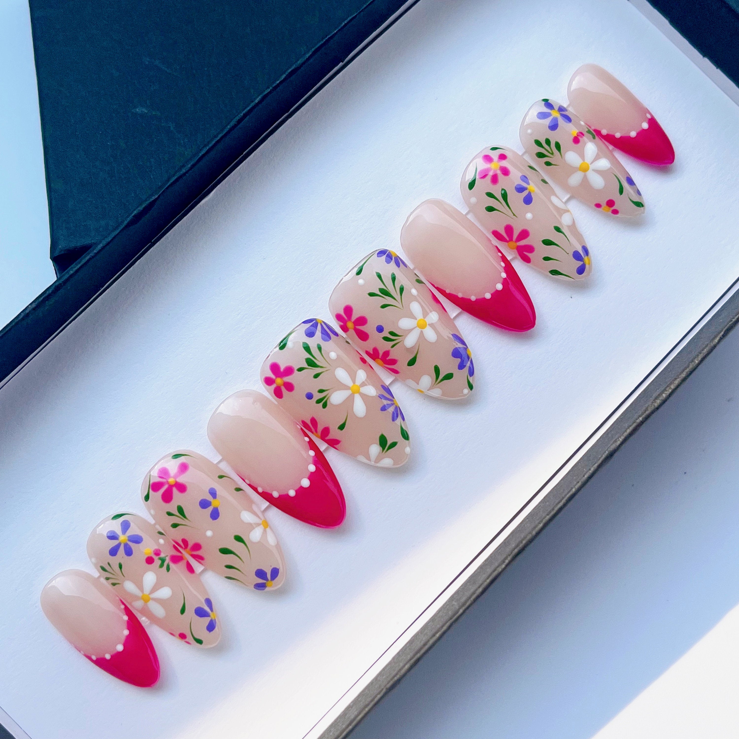 Small Flower on Clear Pink French Tip Short Stiletto Press On Nail, Custom Handpainted Acrylic Spring Fake Nail, Floral Nails