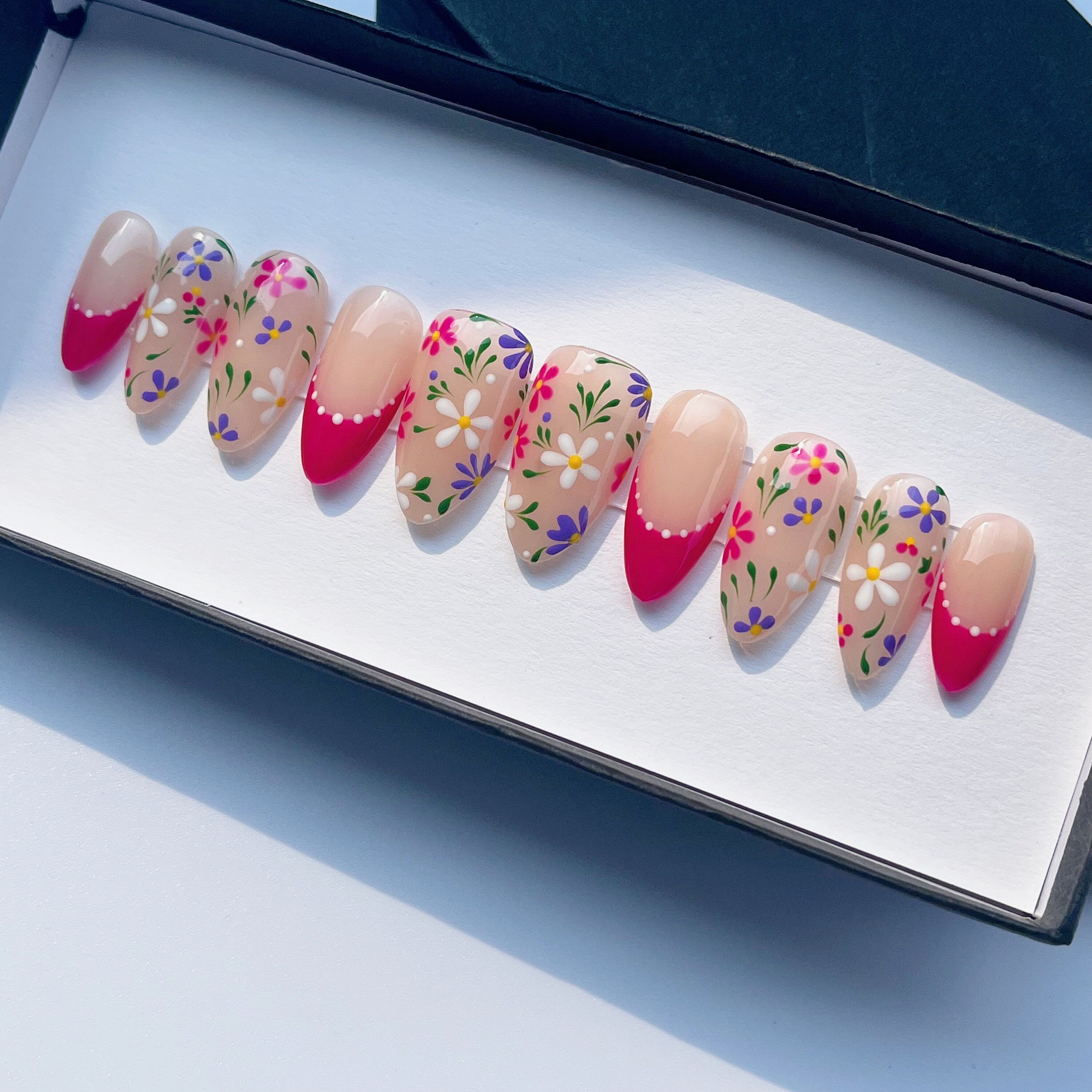 Small Flower on Clear Pink French Tip Short Stiletto Press On Nail, Custom Handpainted Acrylic Spring Fake Nail, Floral Nails