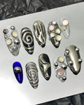 Free Style Metallic Silver Short Almond Press On Nails, Custom Chrome Goth Nails, Emo Y2K Style Fake Nails
