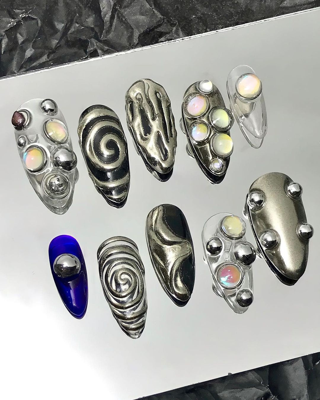 Free Style Metallic Silver Short Almond Press On Nails, Custom Chrome Goth Nails, Emo Y2K Style Fake Nails