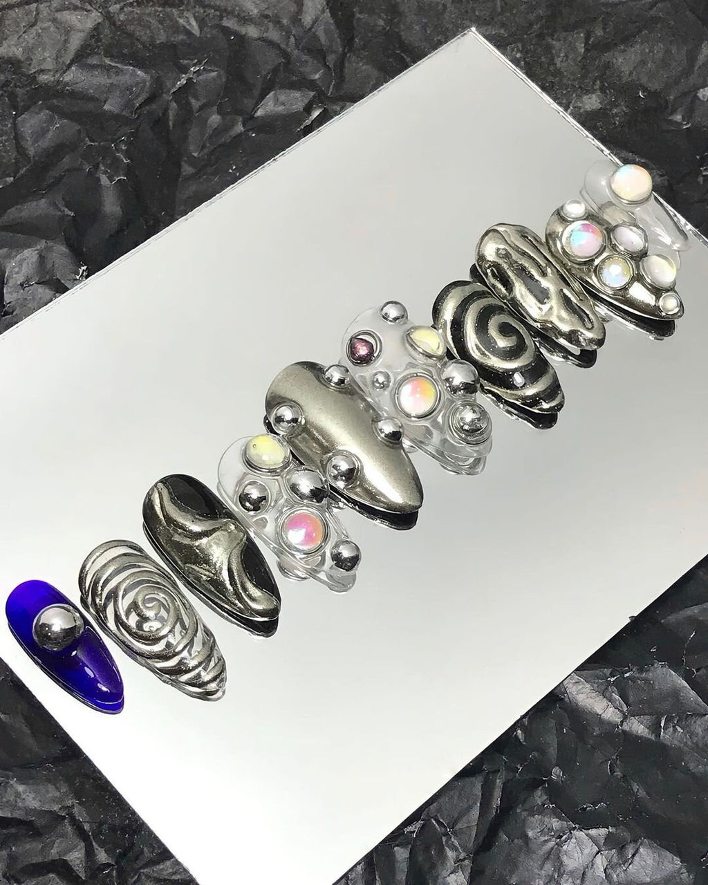 Free Style Metallic Silver Short Almond Press On Nails, Custom Chrome Goth Nails, Emo Y2K Style Fake Nails