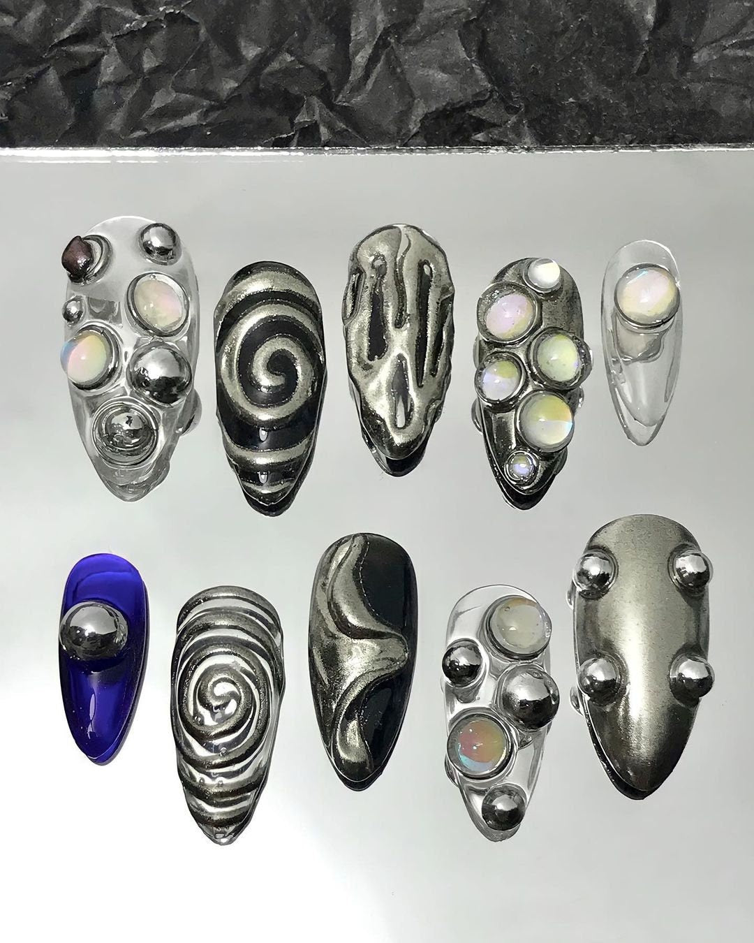 Free Style Metallic Silver Short Almond Press On Nails, Custom Chrome Goth Nails, Emo Y2K Style Fake Nails