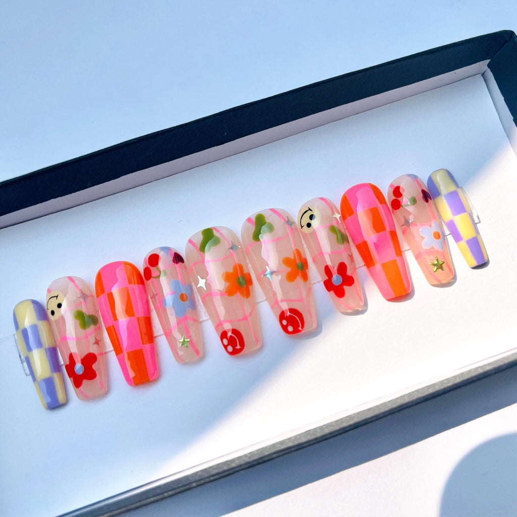 Colorful Checkered and Flower, Funface On Almond Press On Nail, Custom Handpainted Fake/False Nail, Floral Nails, Spring Nails