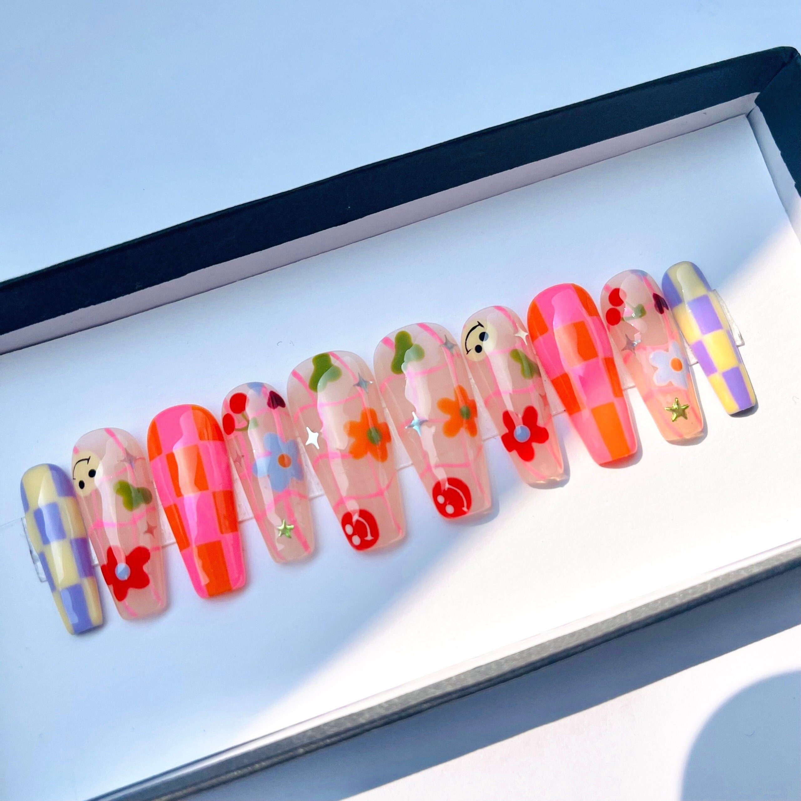 Colorful Checkered and Flower, Funface On Almond Press On Nail, Custom Handpainted Fake/False Nail, Floral Nails, Spring Nails
