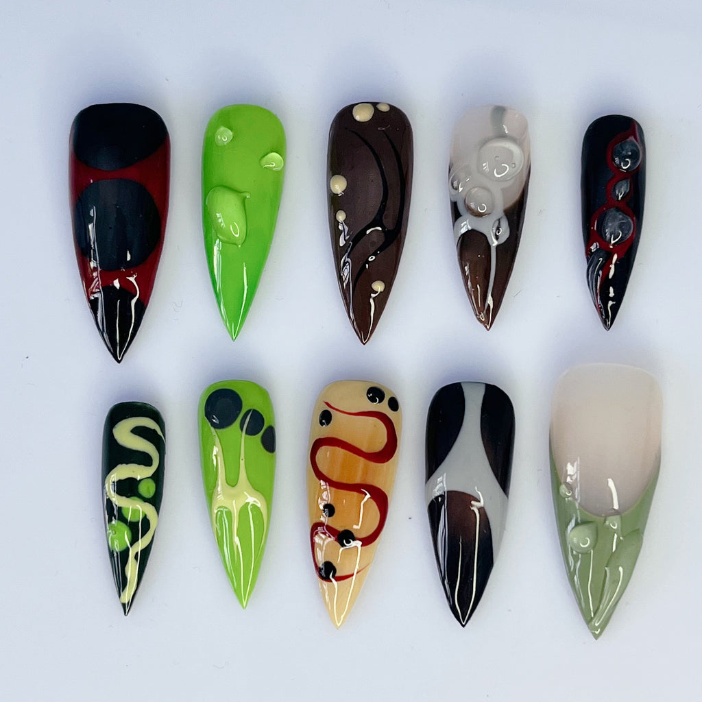 Fall Colour Short Almond Press On Nails Goth, Handpainted Acrylic Gothic Fake Nails, Y2K Emo Nails